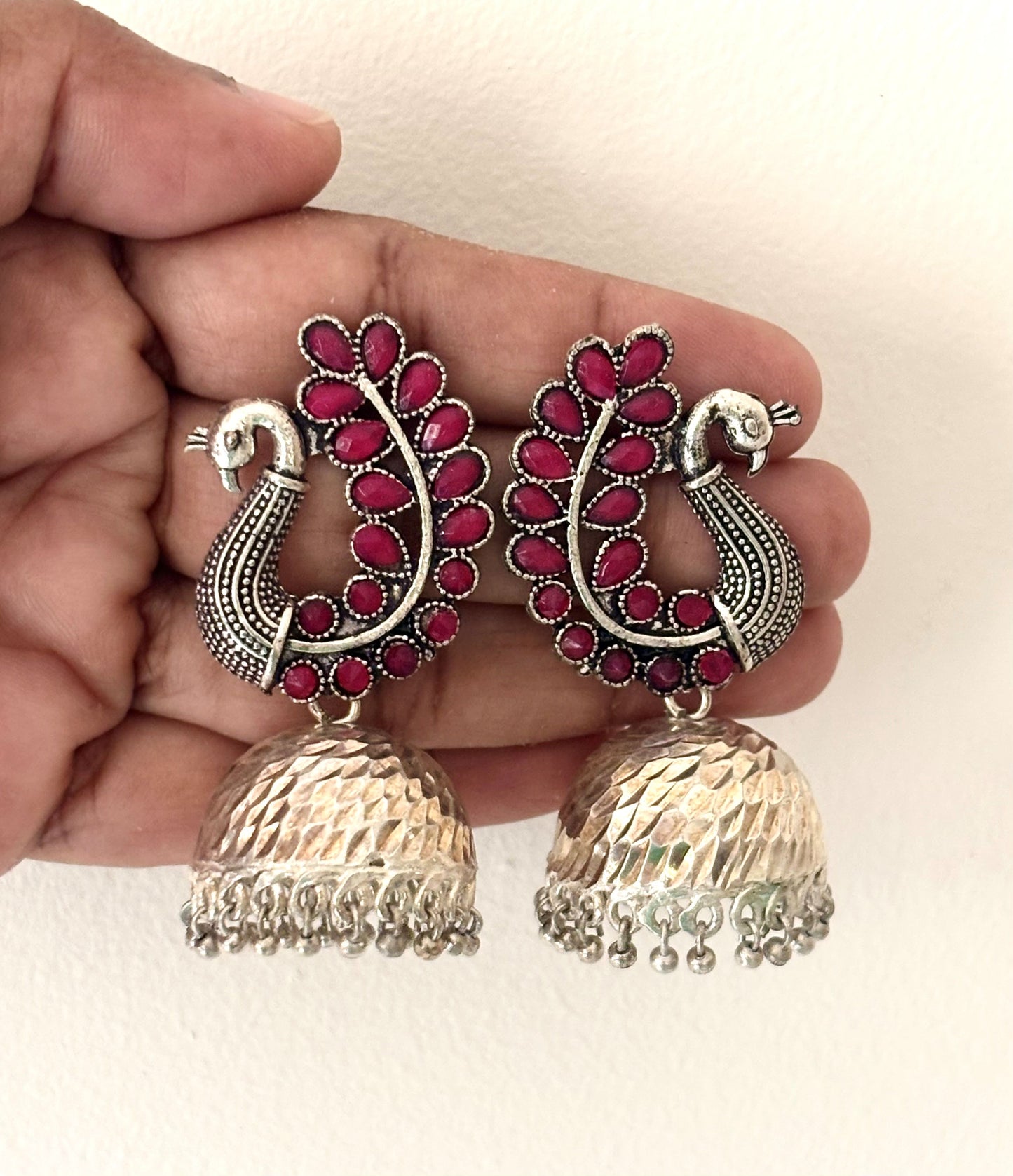 Oxidized Peacock Jhumka Earrings with Ruby Stones