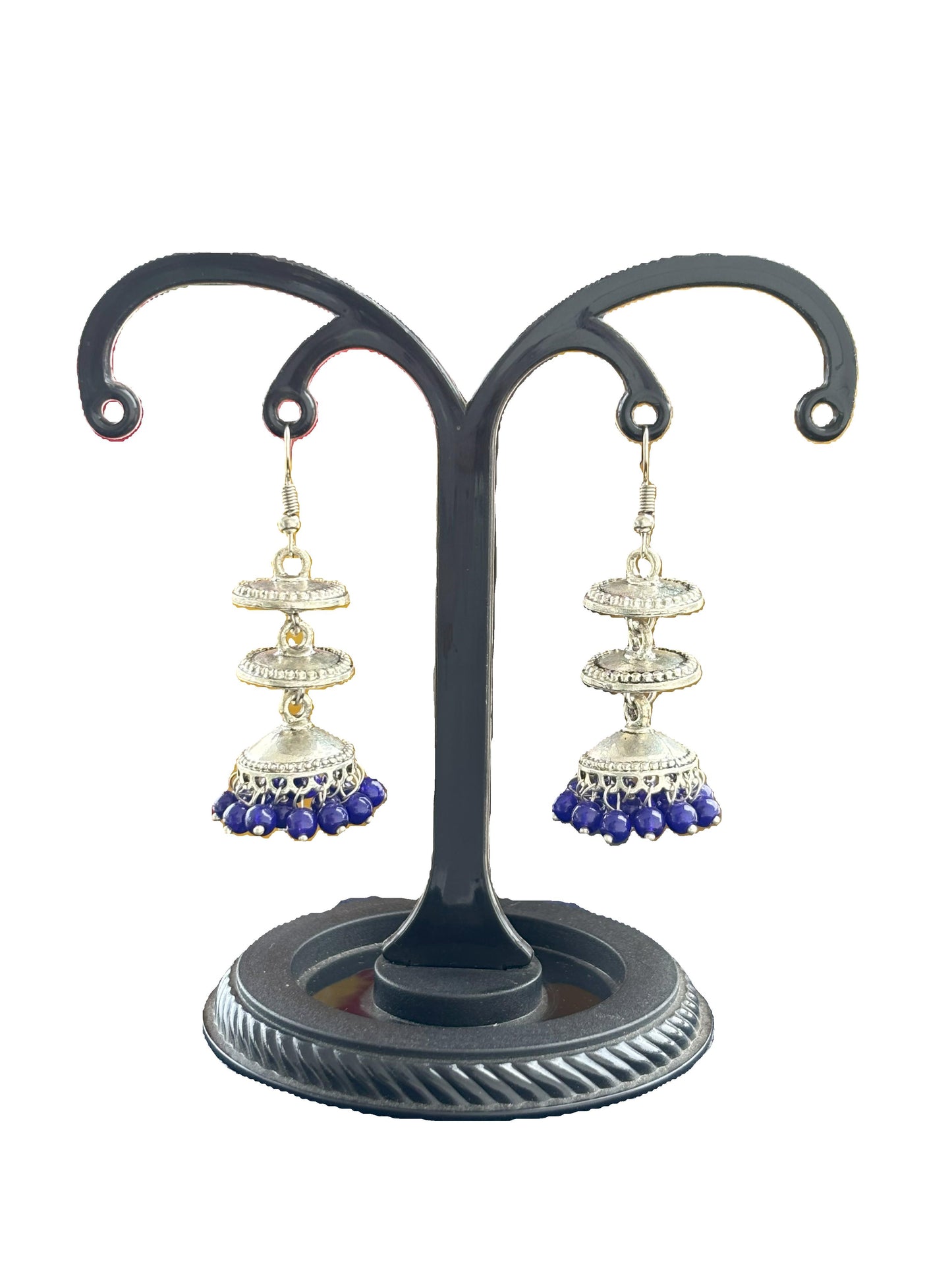 Tiered Oxidized Silver Jhumka Earrings with Blue Beads