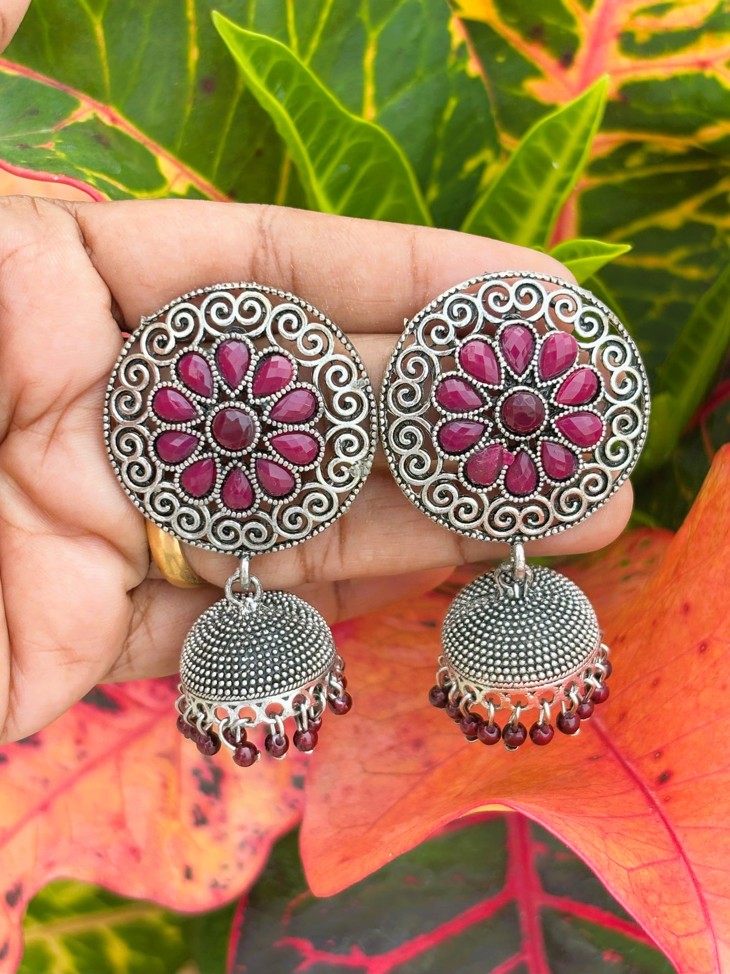 Oxidized Floral Jhumka with Ruby Stones