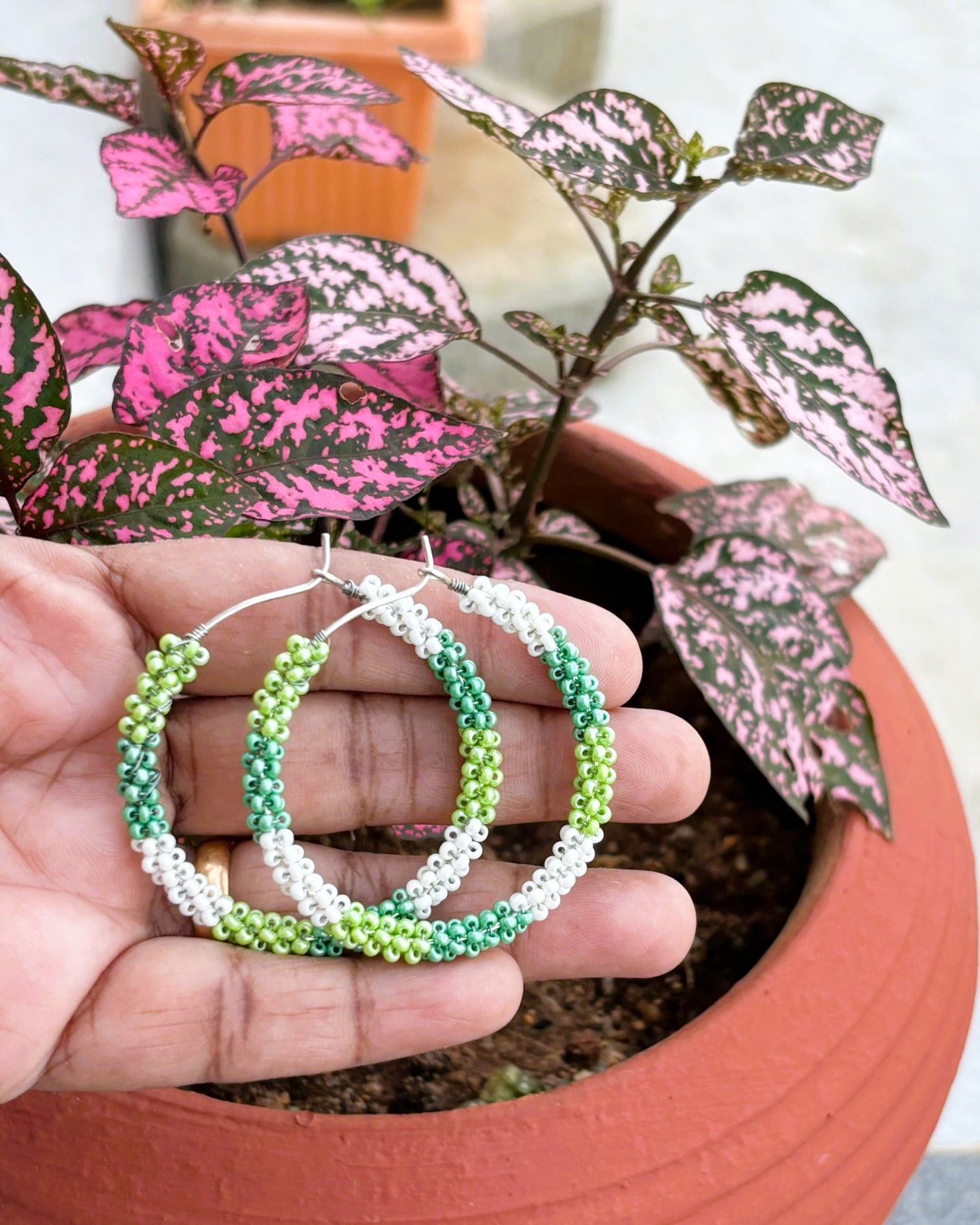 Handmade Green and White Seed Bead Hoops