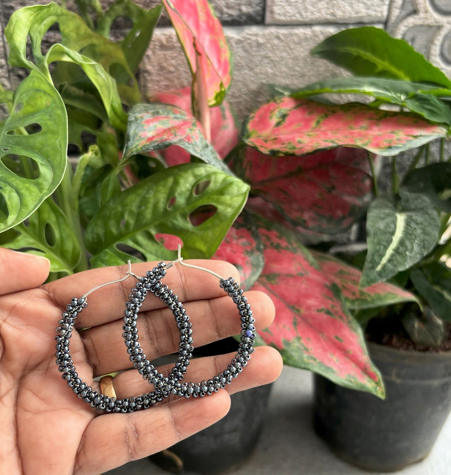 Handmade Dark Gray Seed Bead Hoops