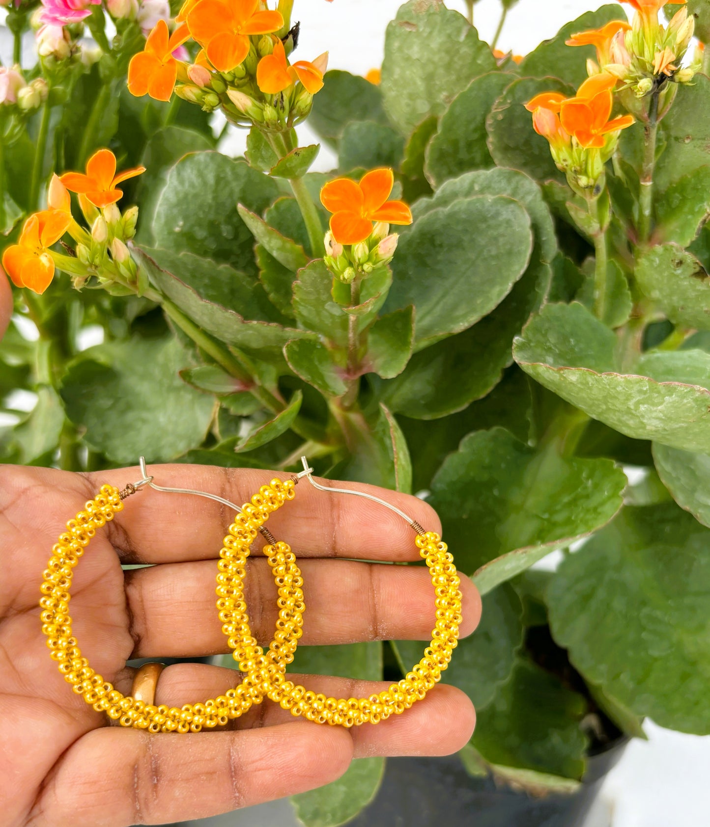 Handmade Mustard Yellow Seed Bead Hoops