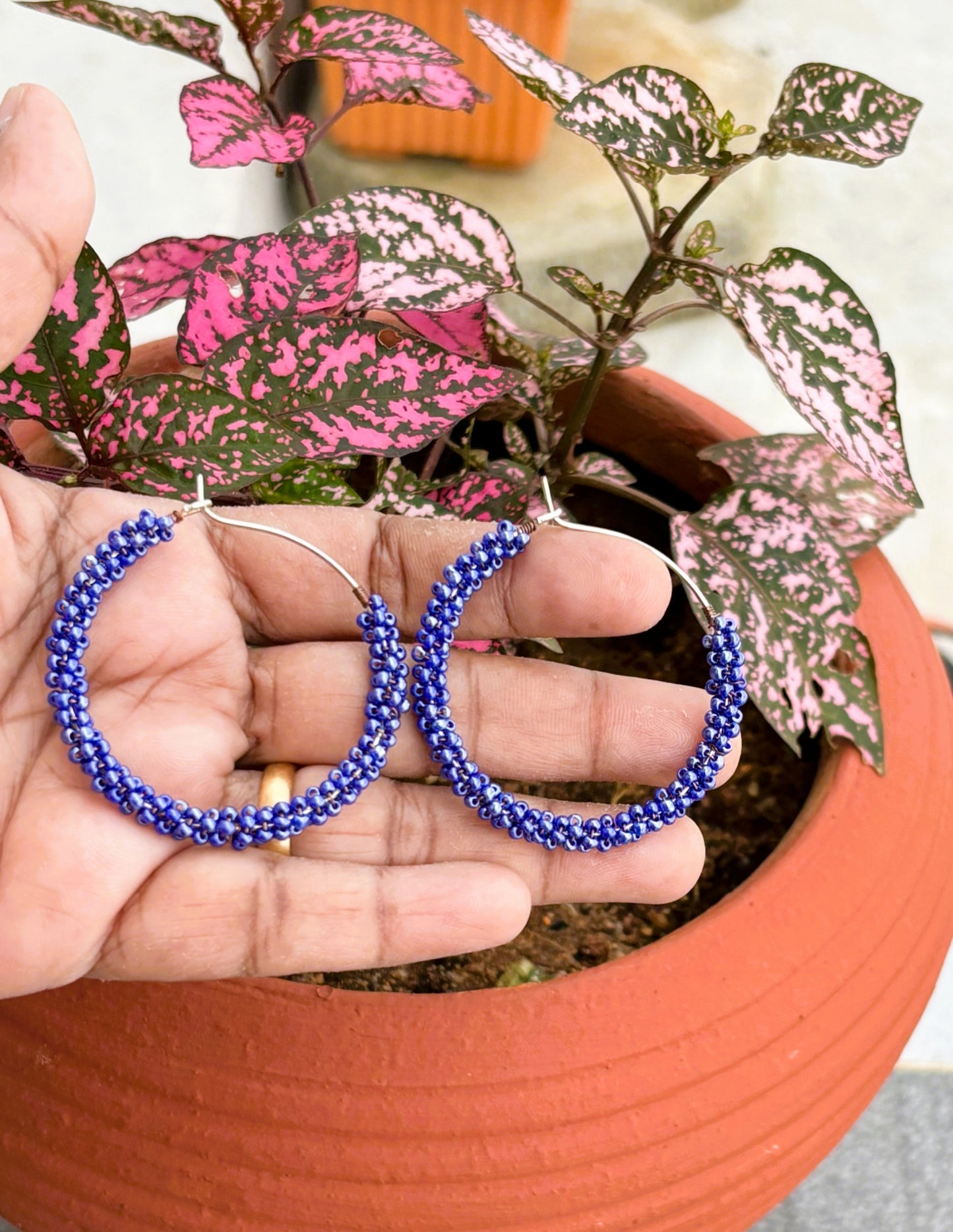 Handmade Royal Blue Seed Bead Hoops