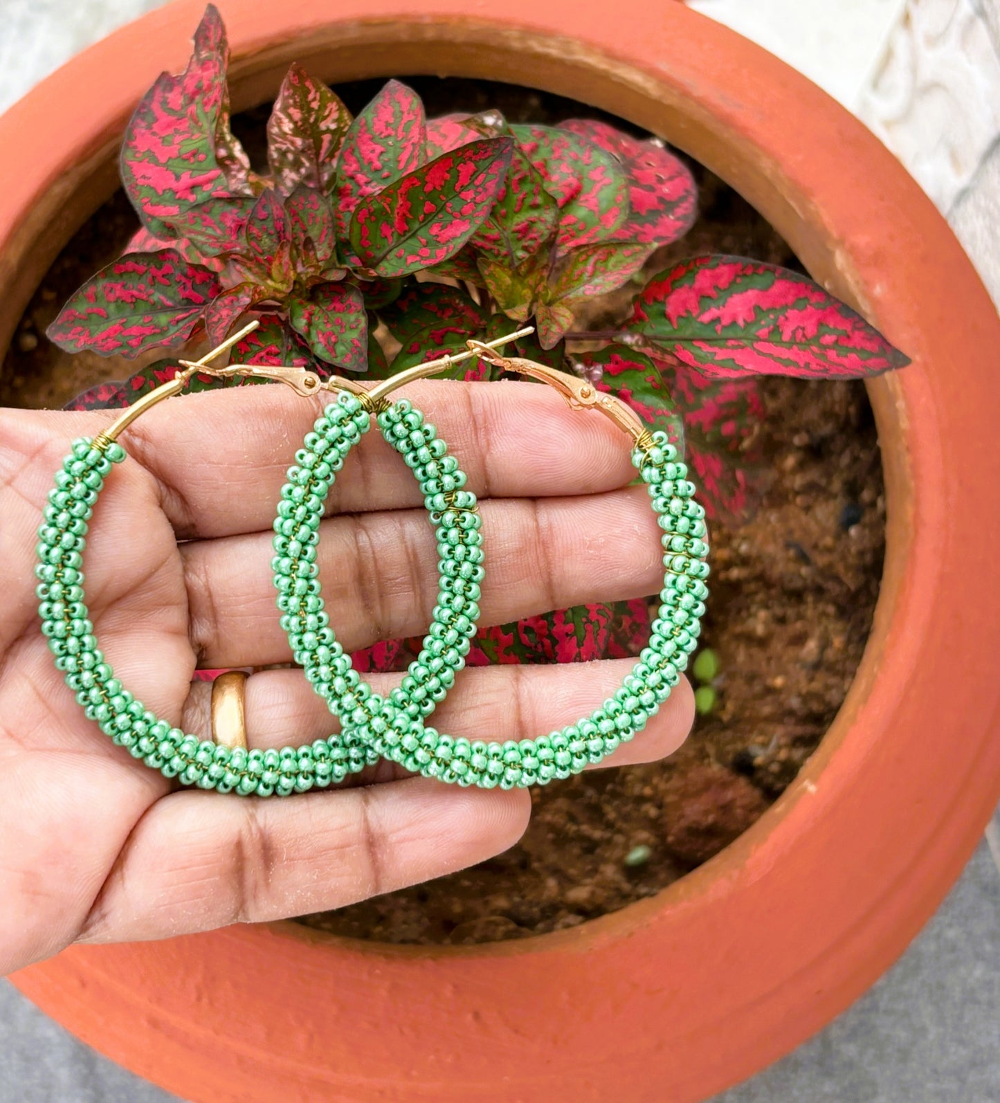 Handmade Light Green Seed Bead Hoops