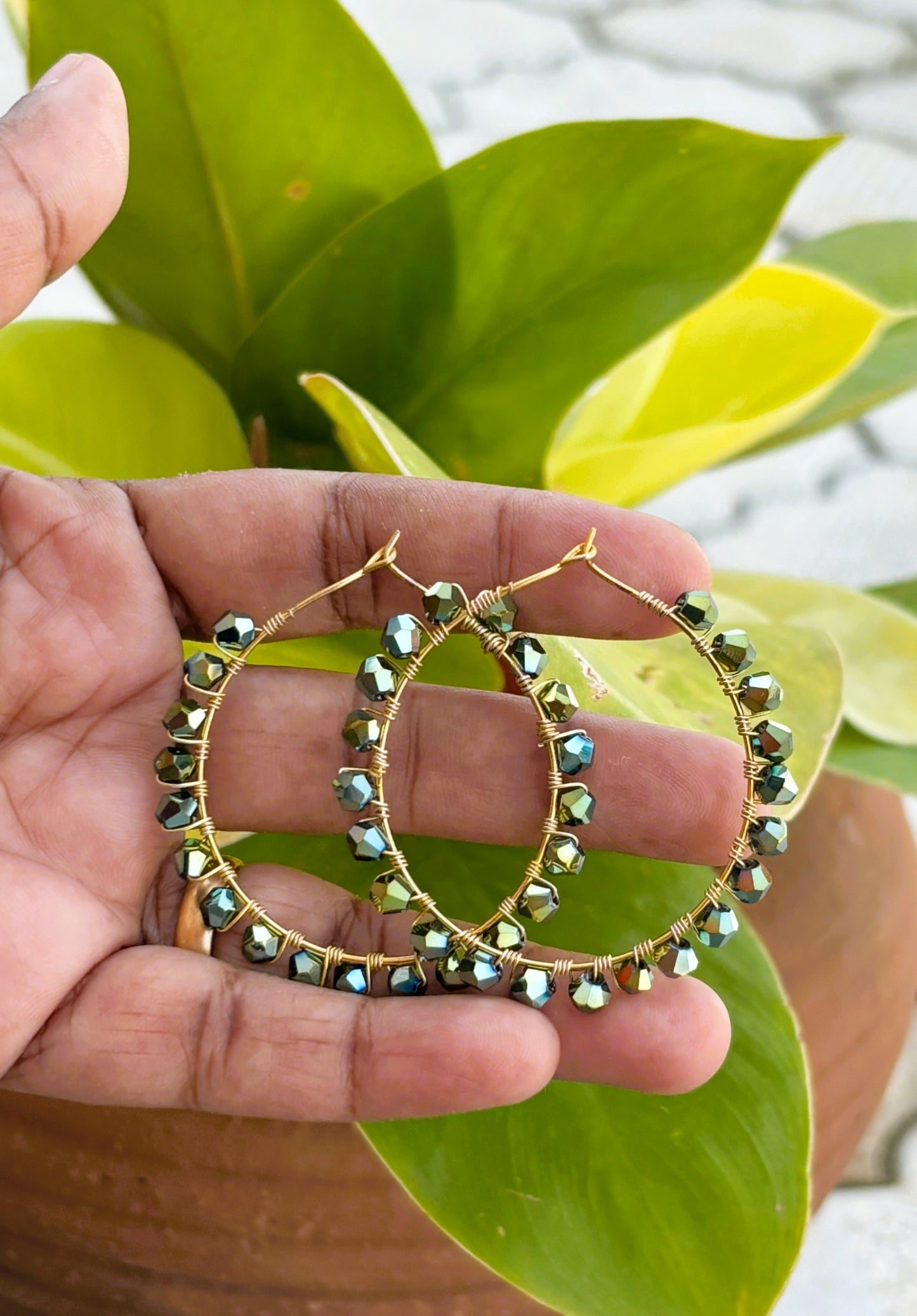 Handmade Iridescent Green Bicone Bead Hoops