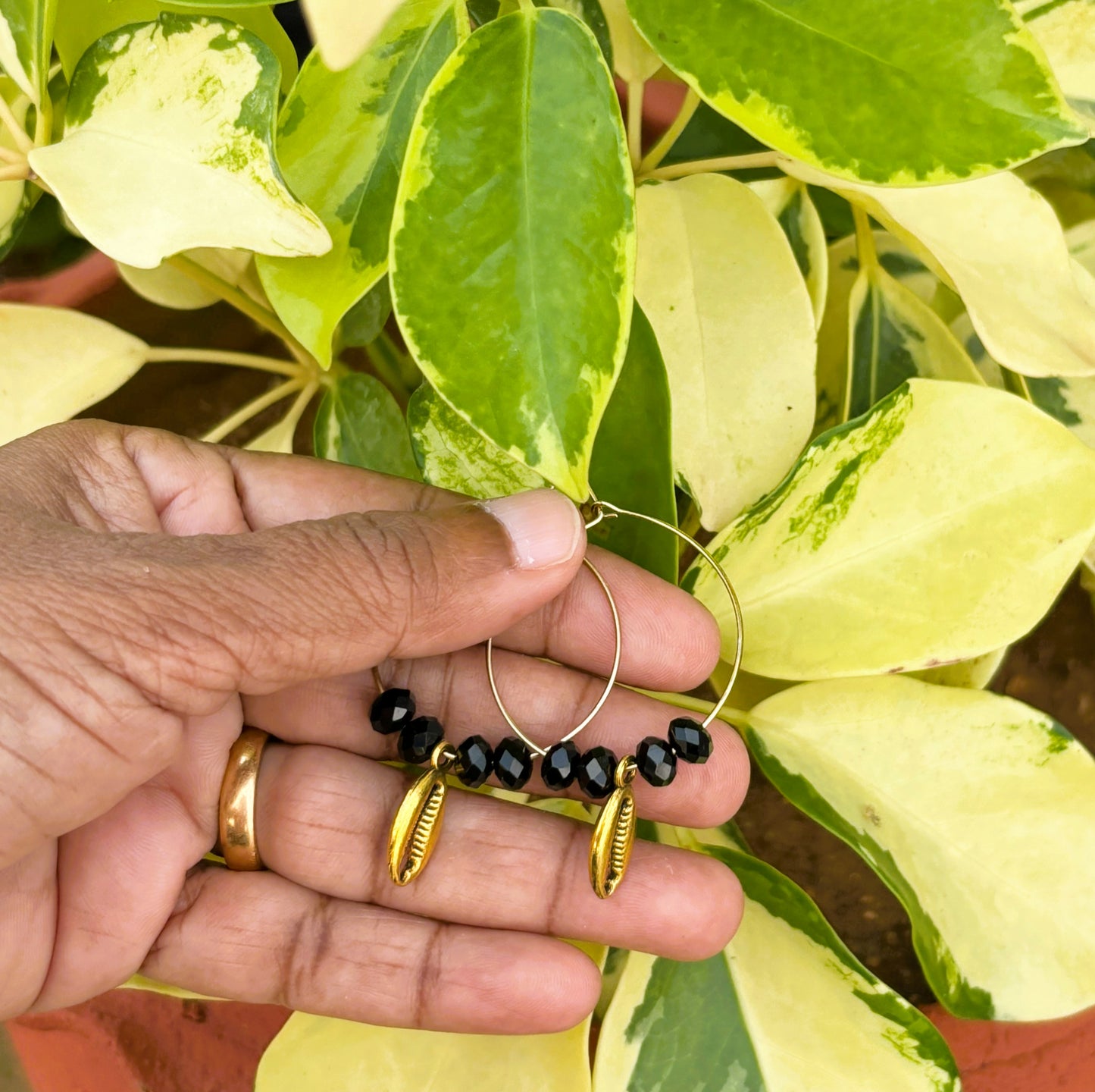Black and Gold Hoops with Cowrie Beads