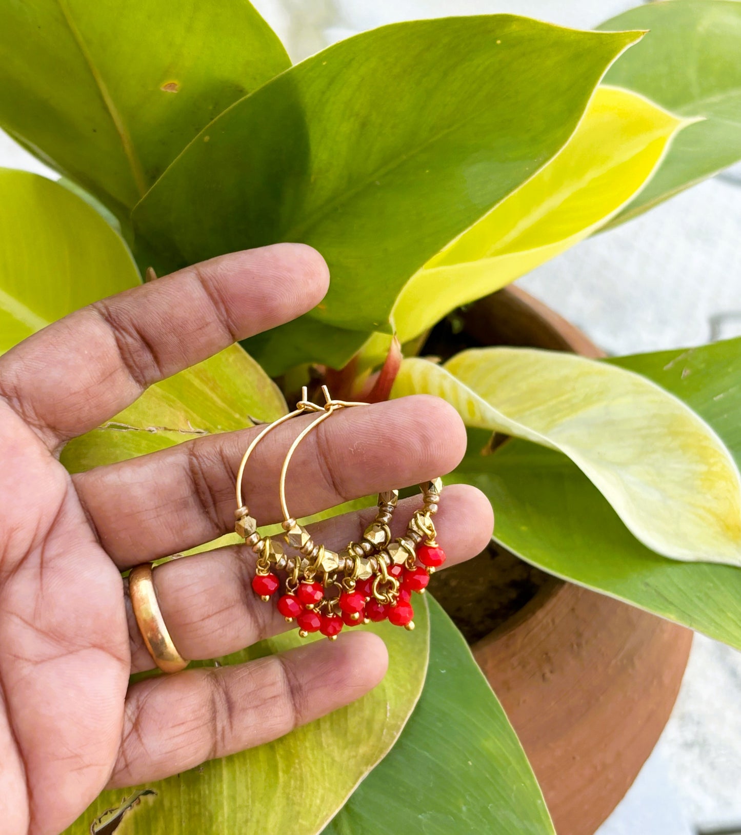 Small Red and Gold Beaded Hoops with Dangles
