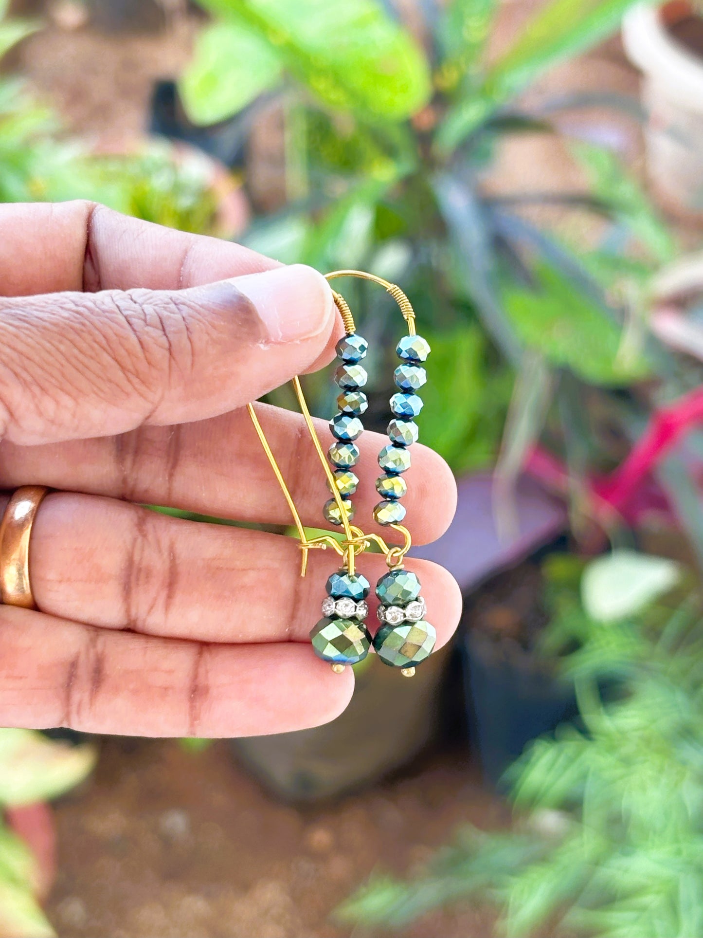 Gold French Hook Earrings withGreen Crystal Beads