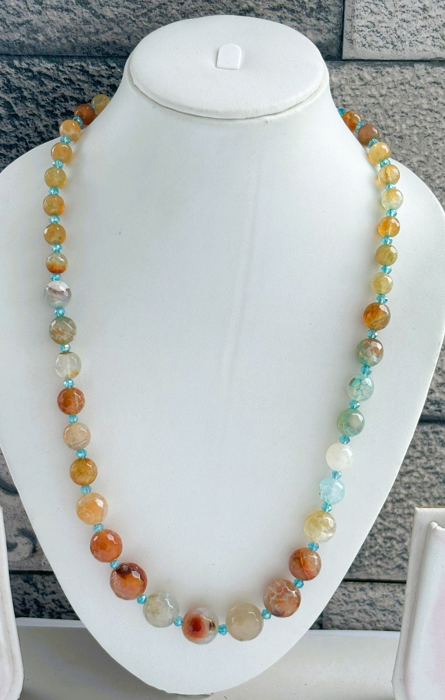 Handmade Graduated Aqua and Brown Agate Gemstone Necklace