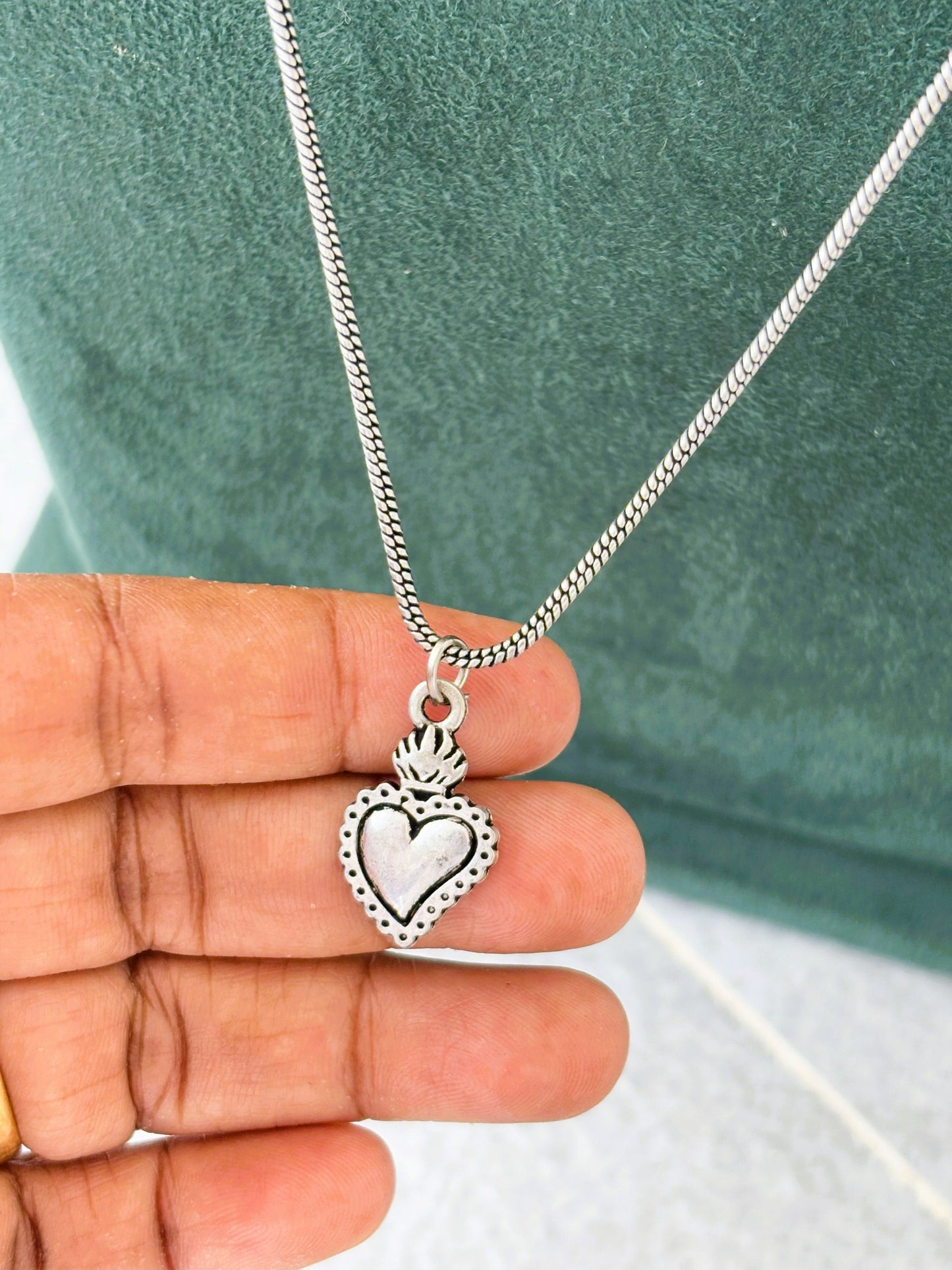 Oxidized Silver Heart and Crown Pendant Necklace
