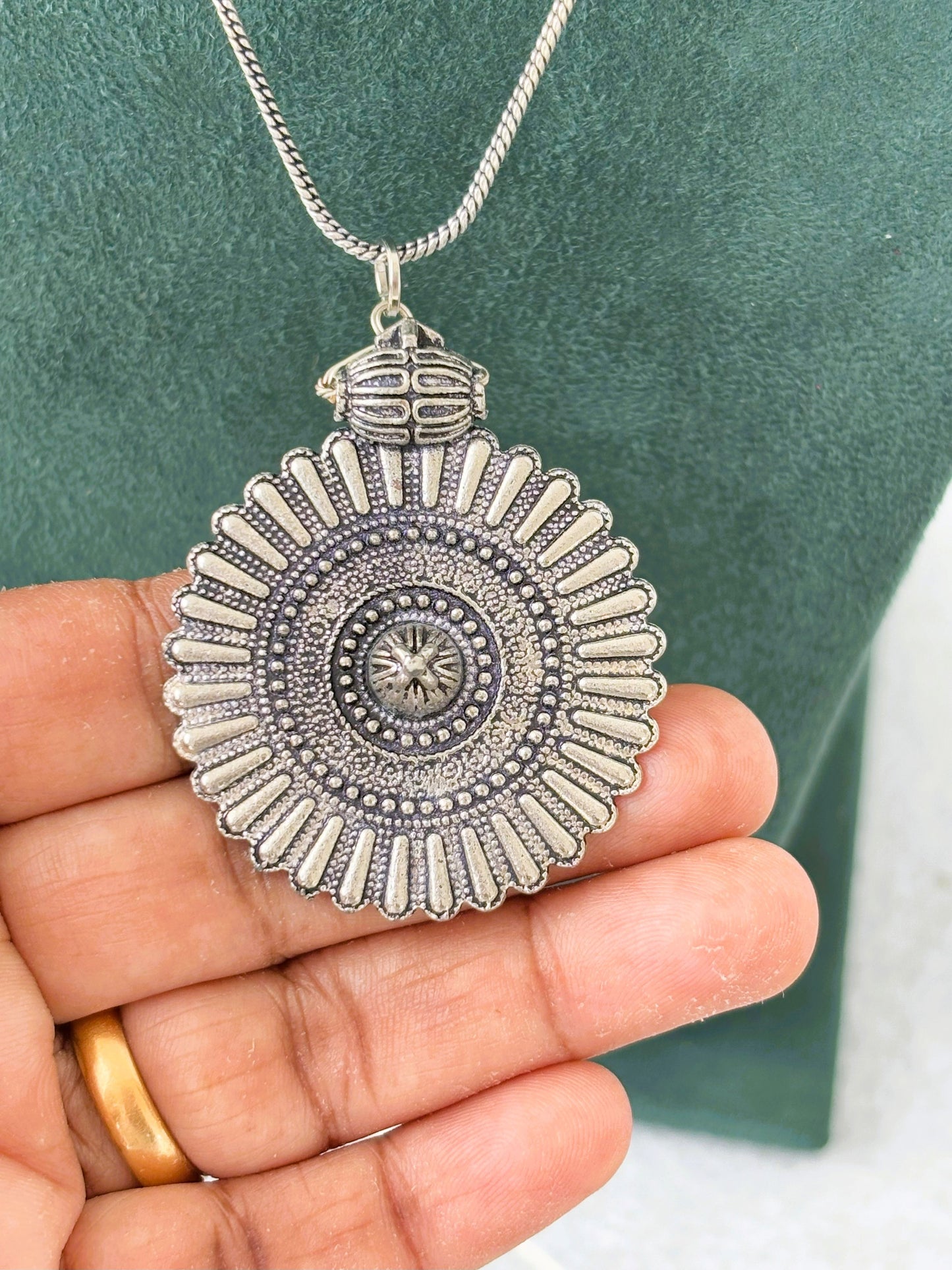 Oxidized Silver Sunburst Pendant Necklace