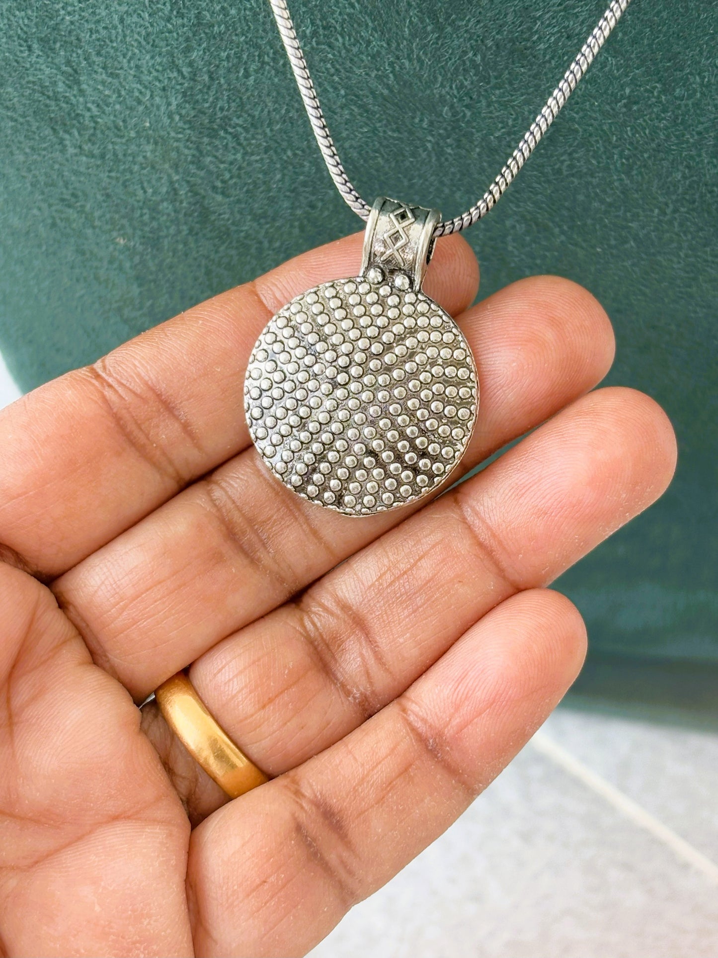 Oxidized Silver Pave Round Pendant Necklace