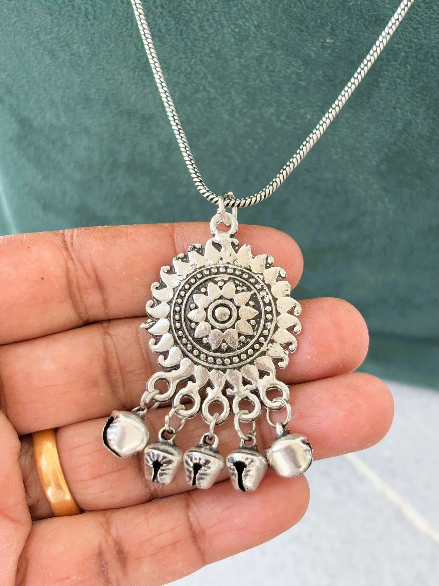 Oxidized Silver Sunburst Dangler Pendant Necklace