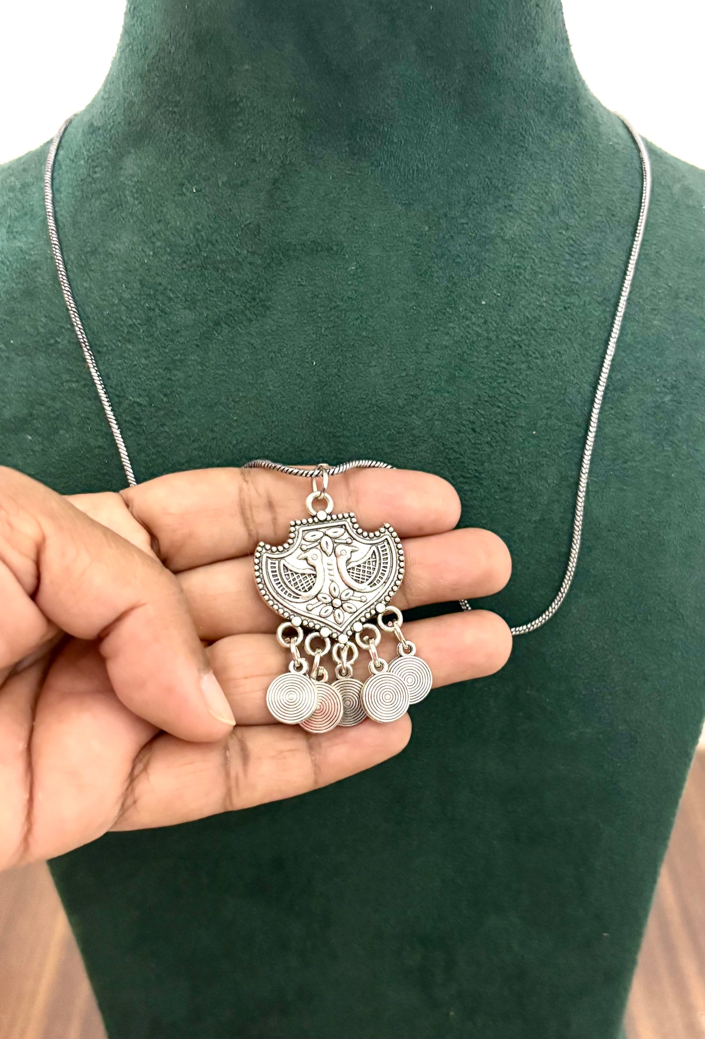 Oxidized Silver Peacock Dangler Pendant Necklace