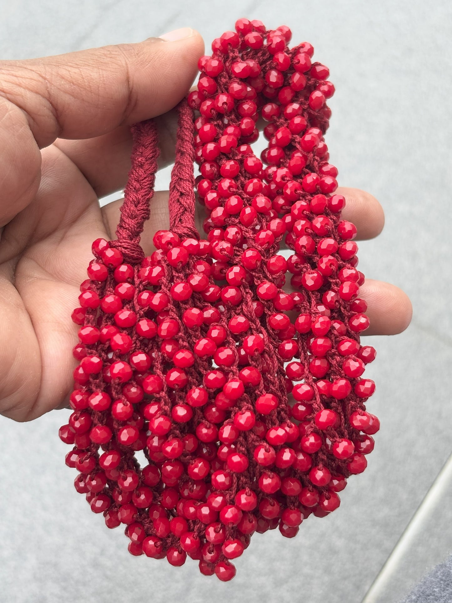 Handmade Crochet Red Beaded Necklace and Earring Set