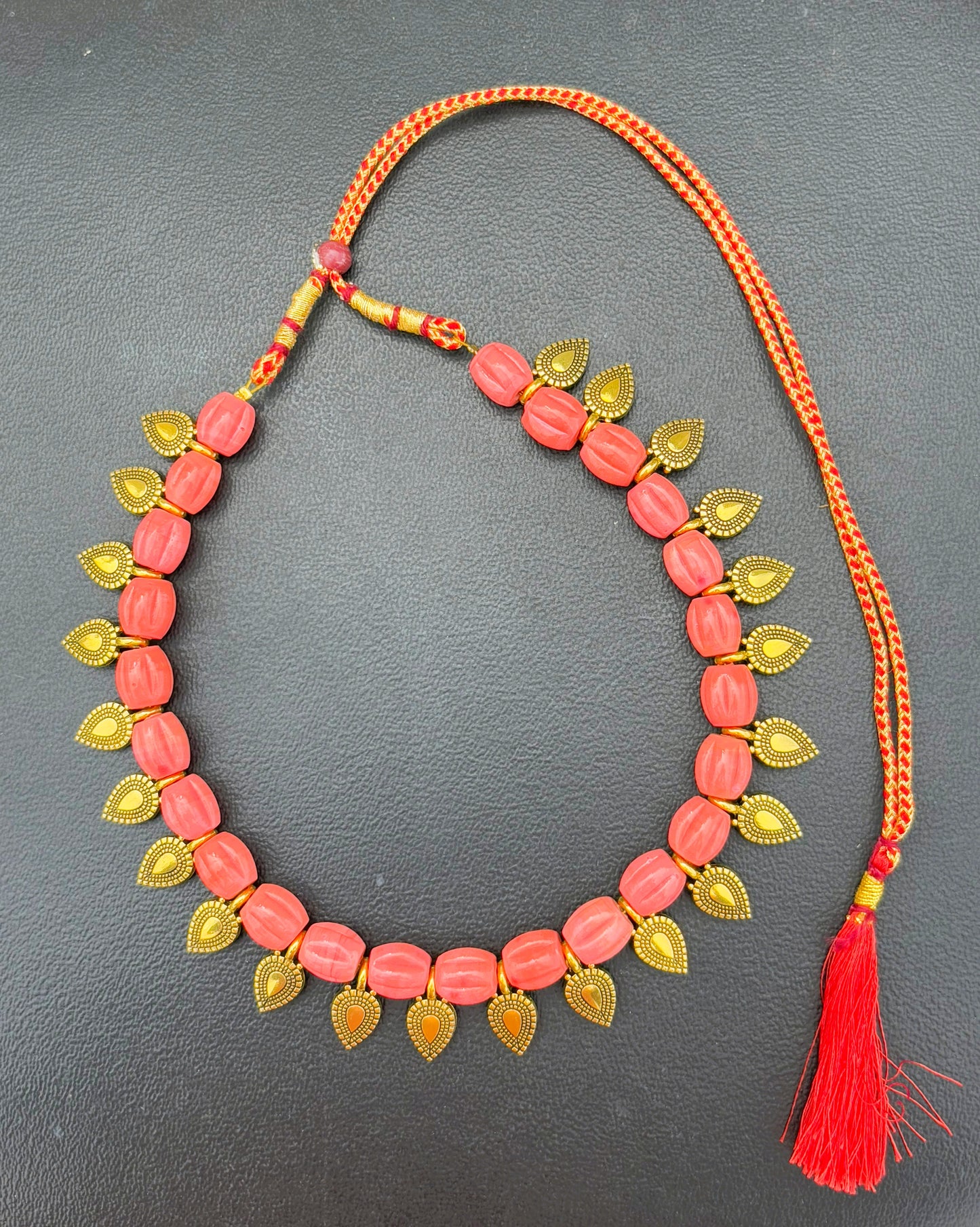 Handmade Pink Glass Bead and Gold Charm Necklace Set