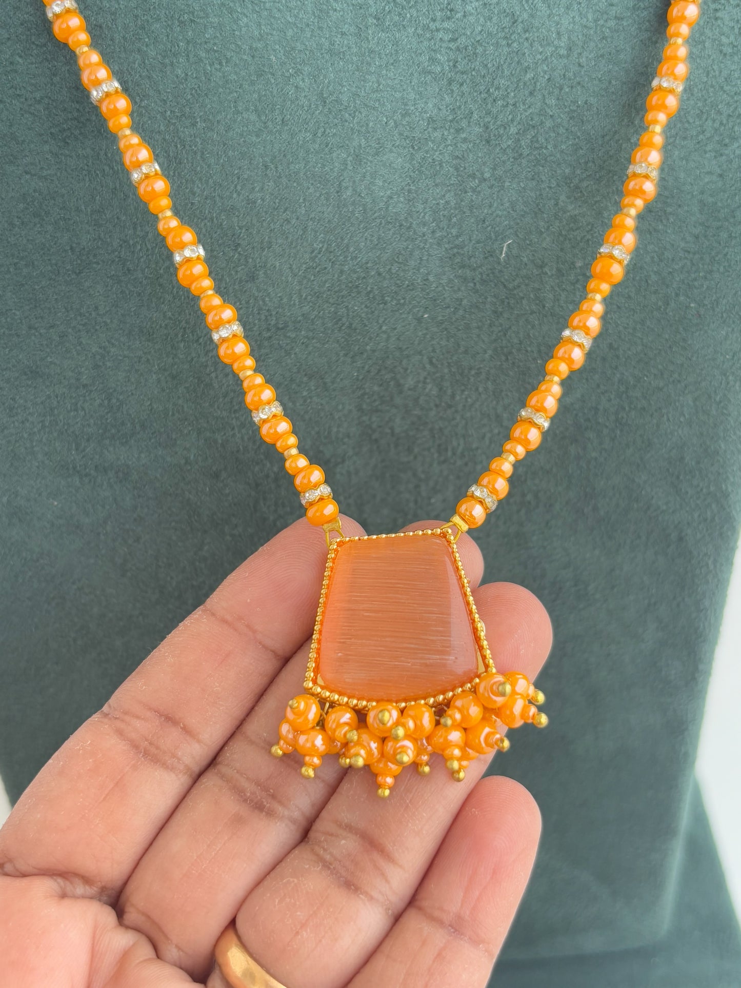 Handmade Orange Bead and Kundan Stone Necklace