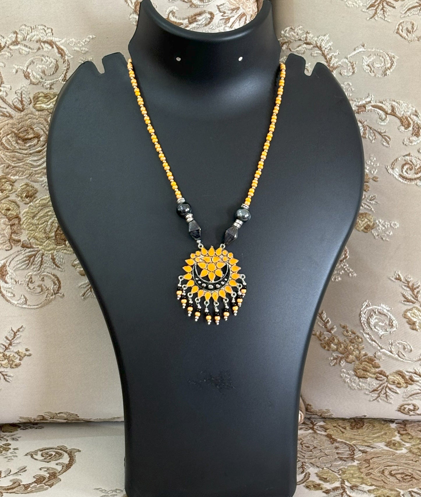 Handmade Oxidized Orange Enamel Pendant Necklace