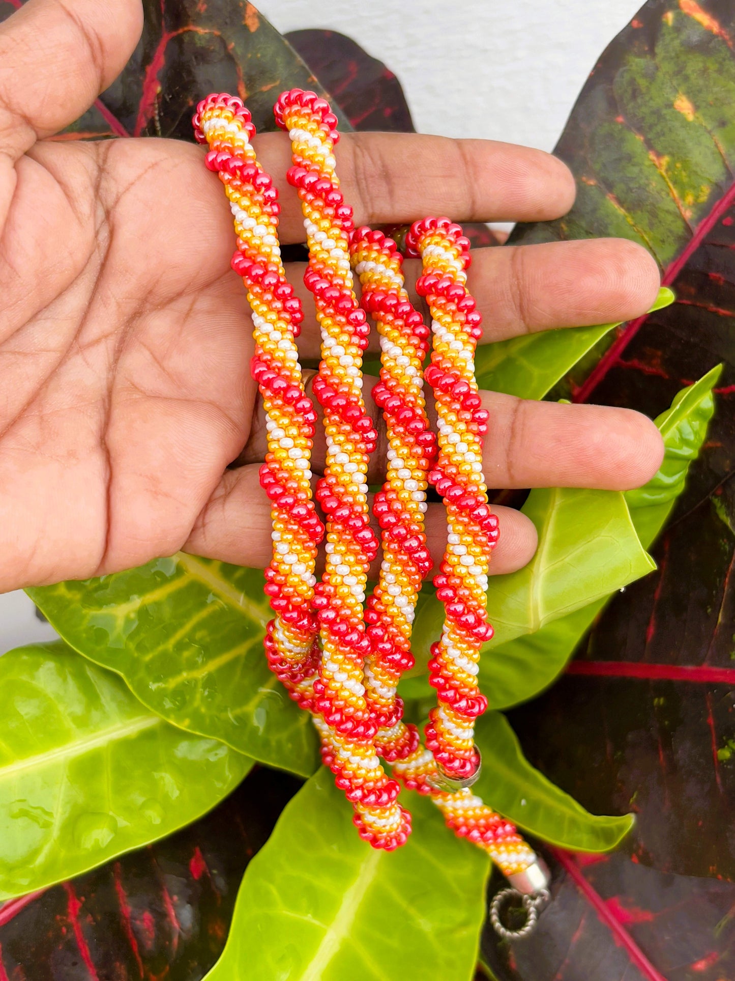 Handmade Crochet Red Orange and Yellow Preciosa Bead Necklace