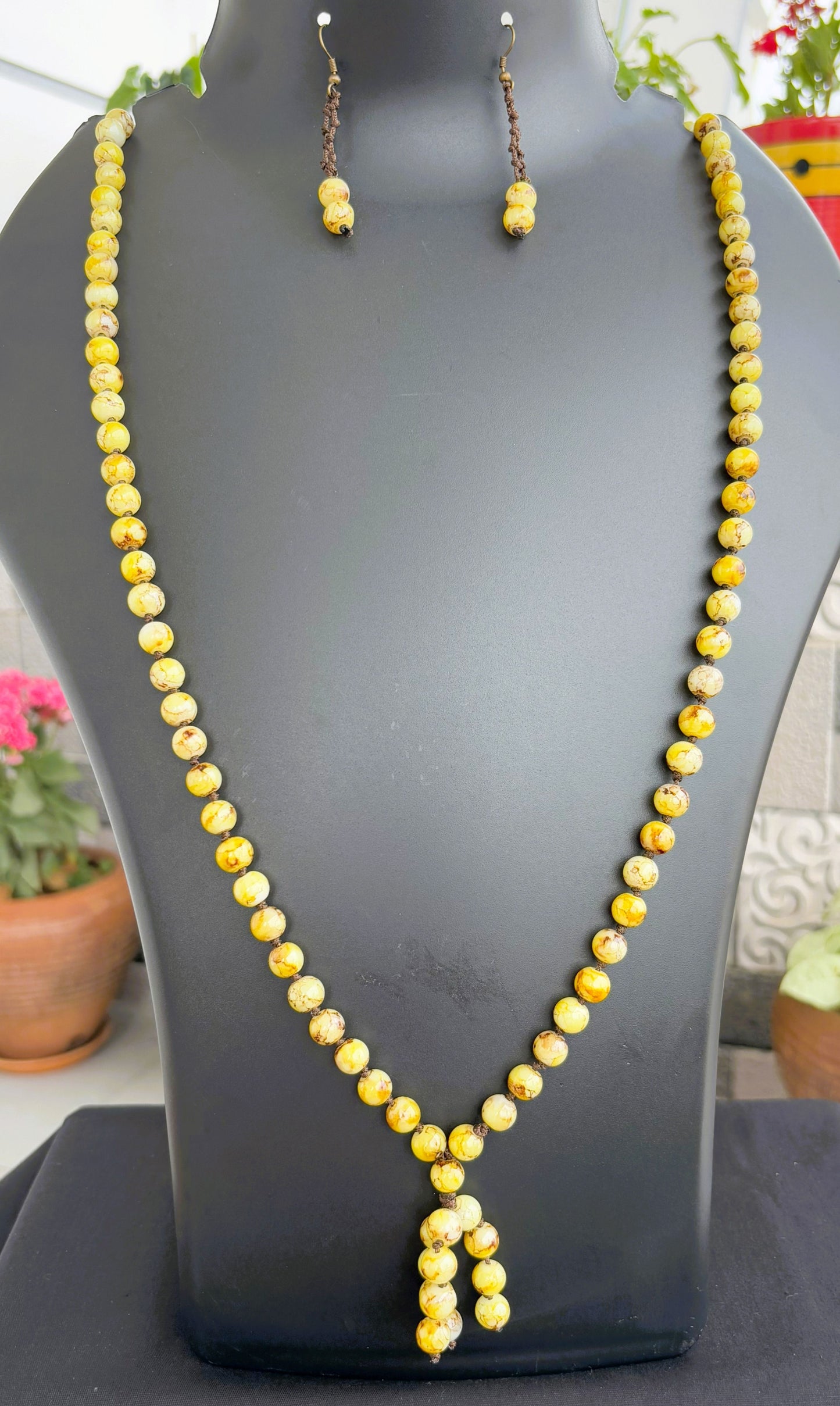 Handmade Yellow and Brown Bead Cluster Necklace