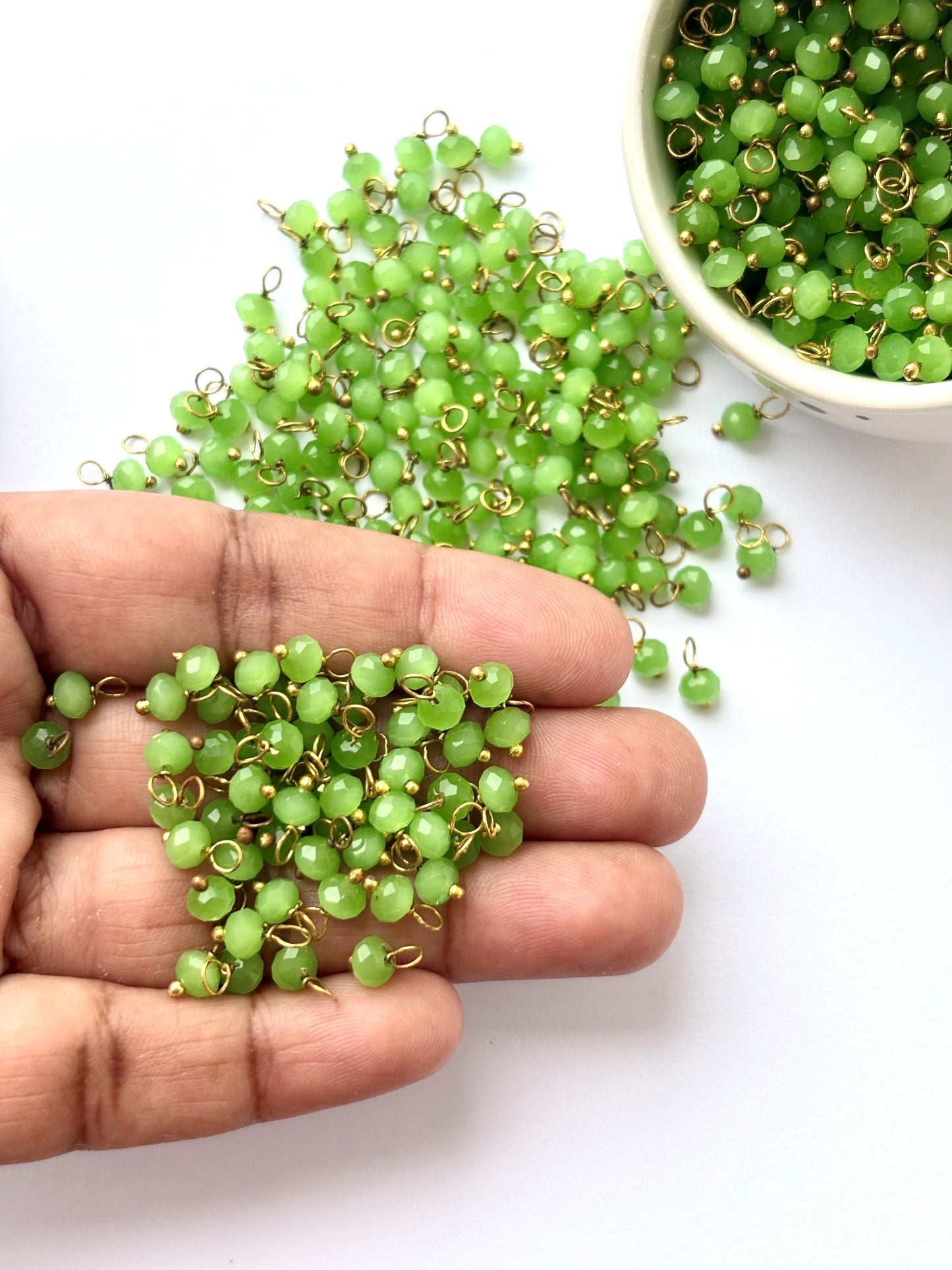 Faceted Mantis Green Bead Charms with Golden Wire