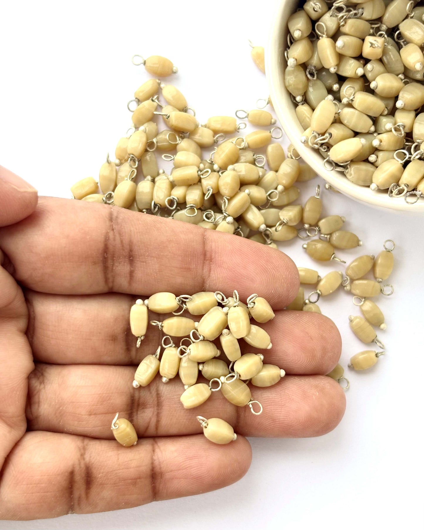 Rice Shaped Tan Color Charms with Silver Wire