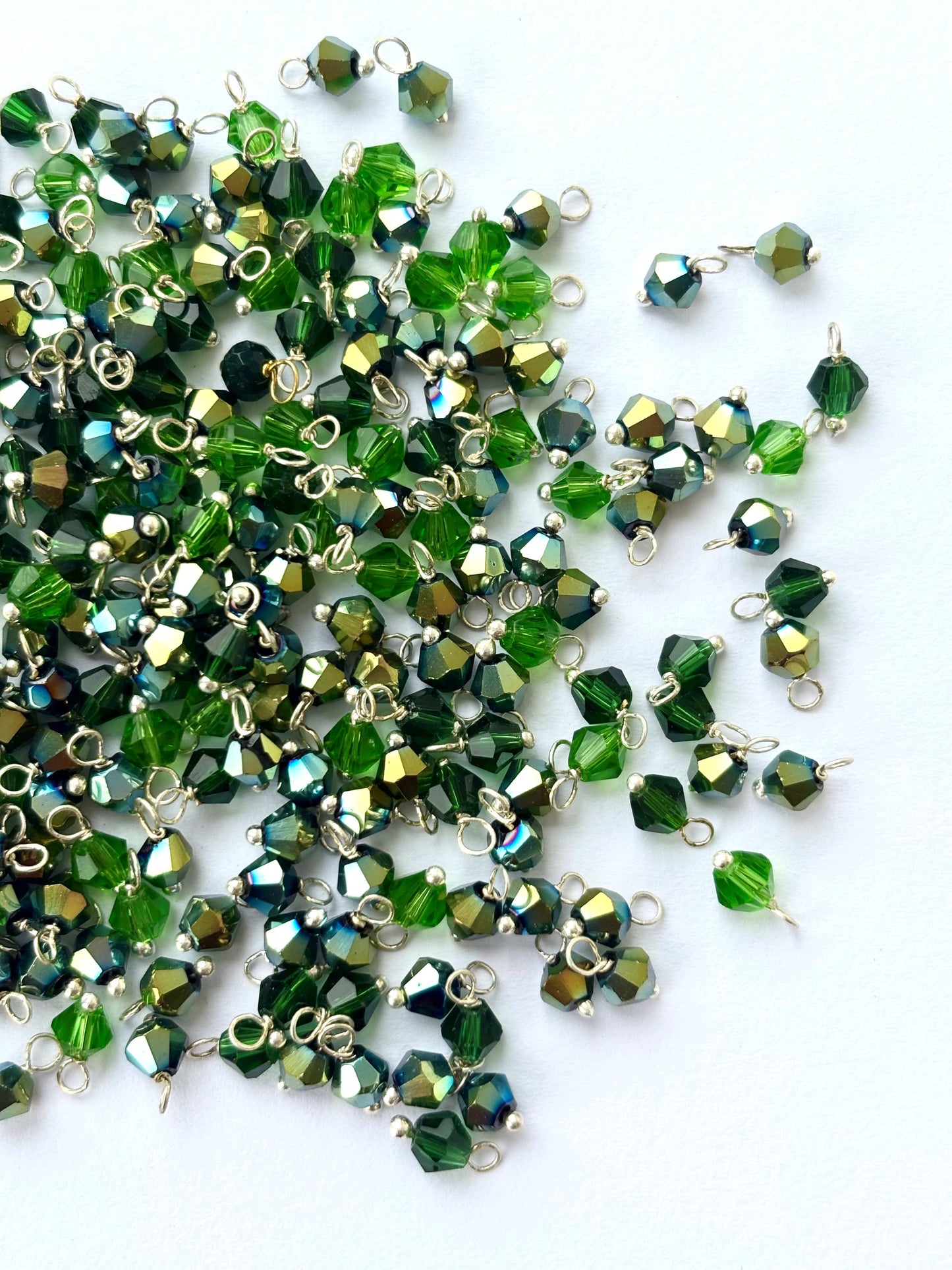 Multi Green Bicone Charms with Silver Wire