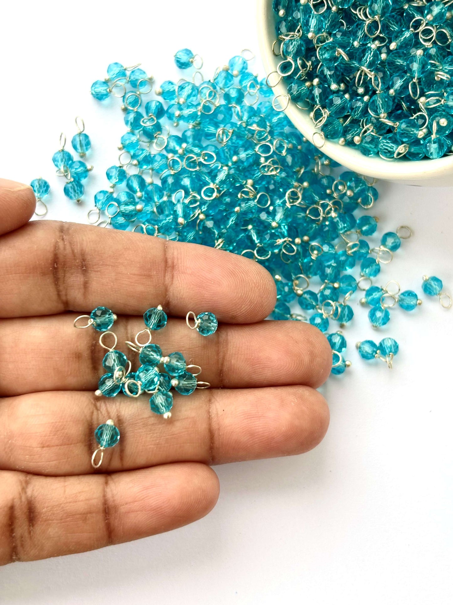 Faceted Capri Blue Charms with Silver Wire