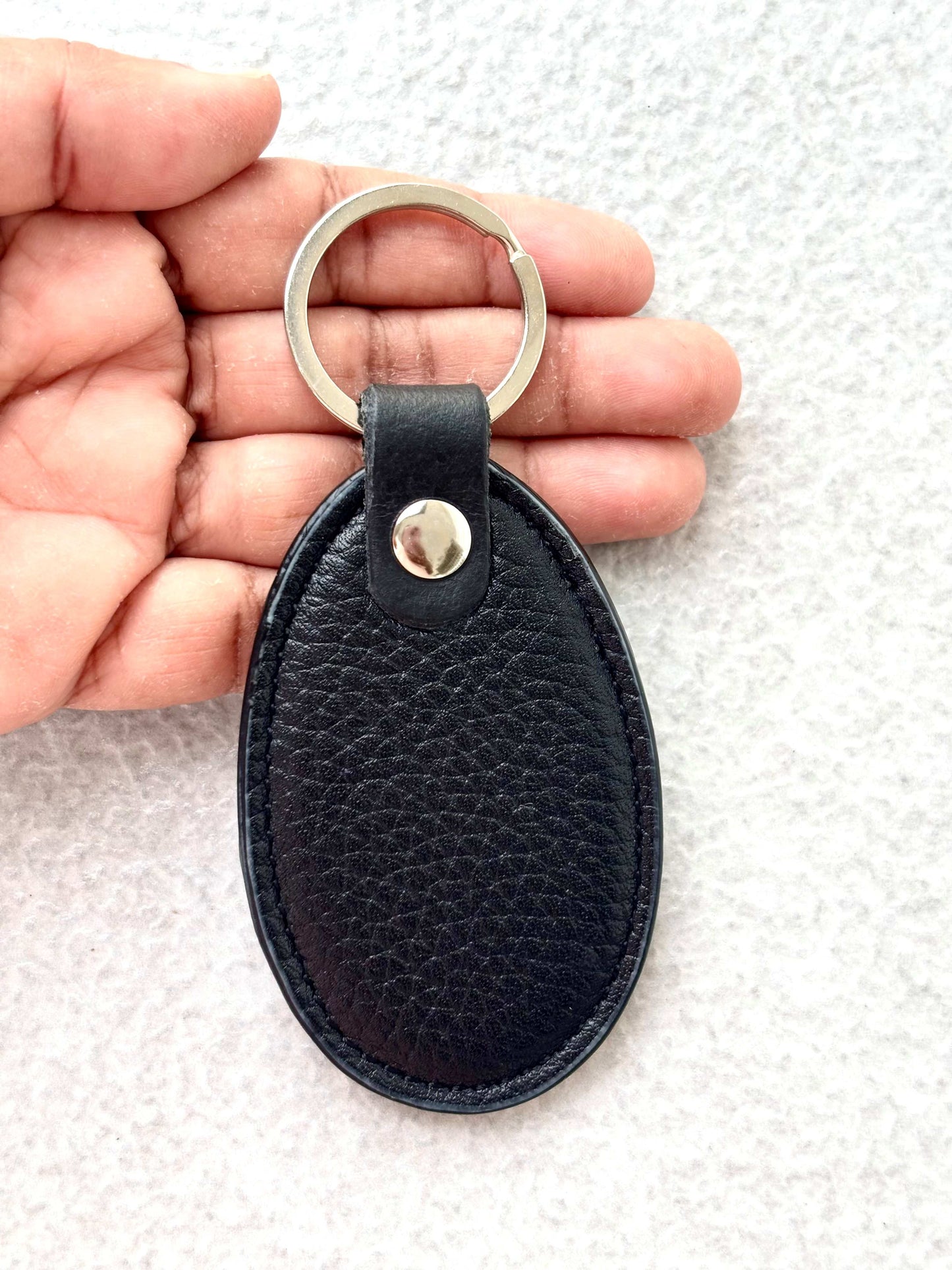 Classic Oval Black Leather Keychain
