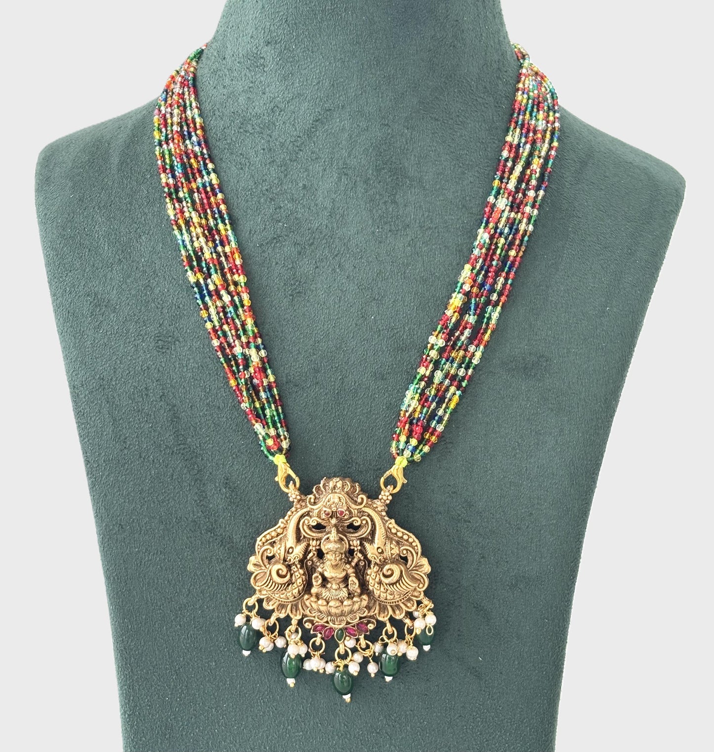 Traditional Lakshmi Pendant Necklace with Multicolor Hydro Beads