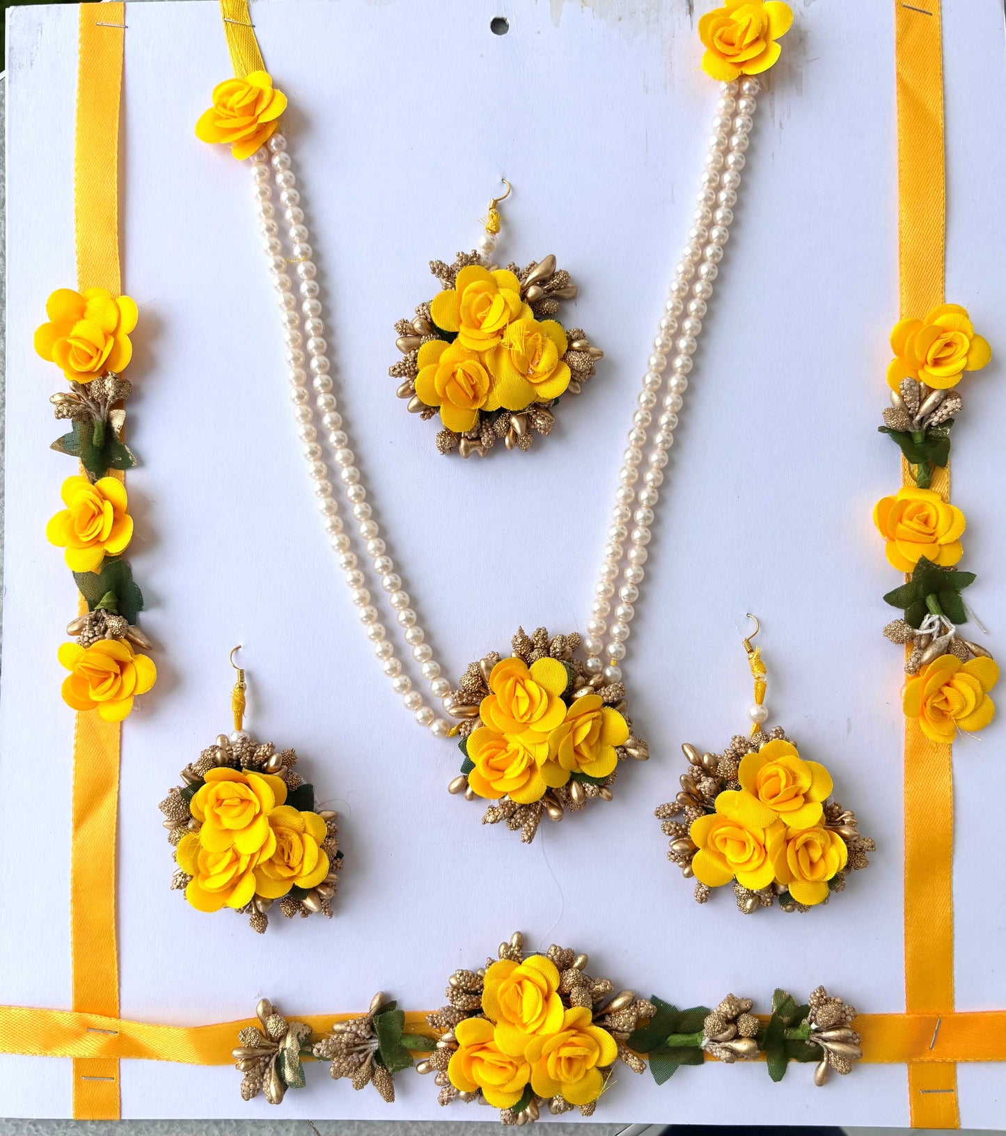 Yellow Floral Haldi Jewelry Set with Gota Patti and Pearls