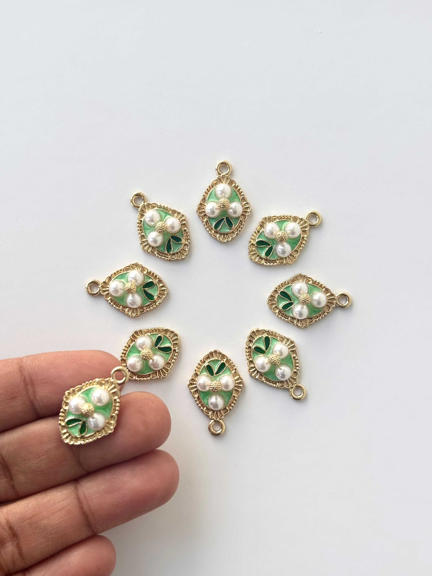 Ornate Green Triple Pearl Floral Motif Charms