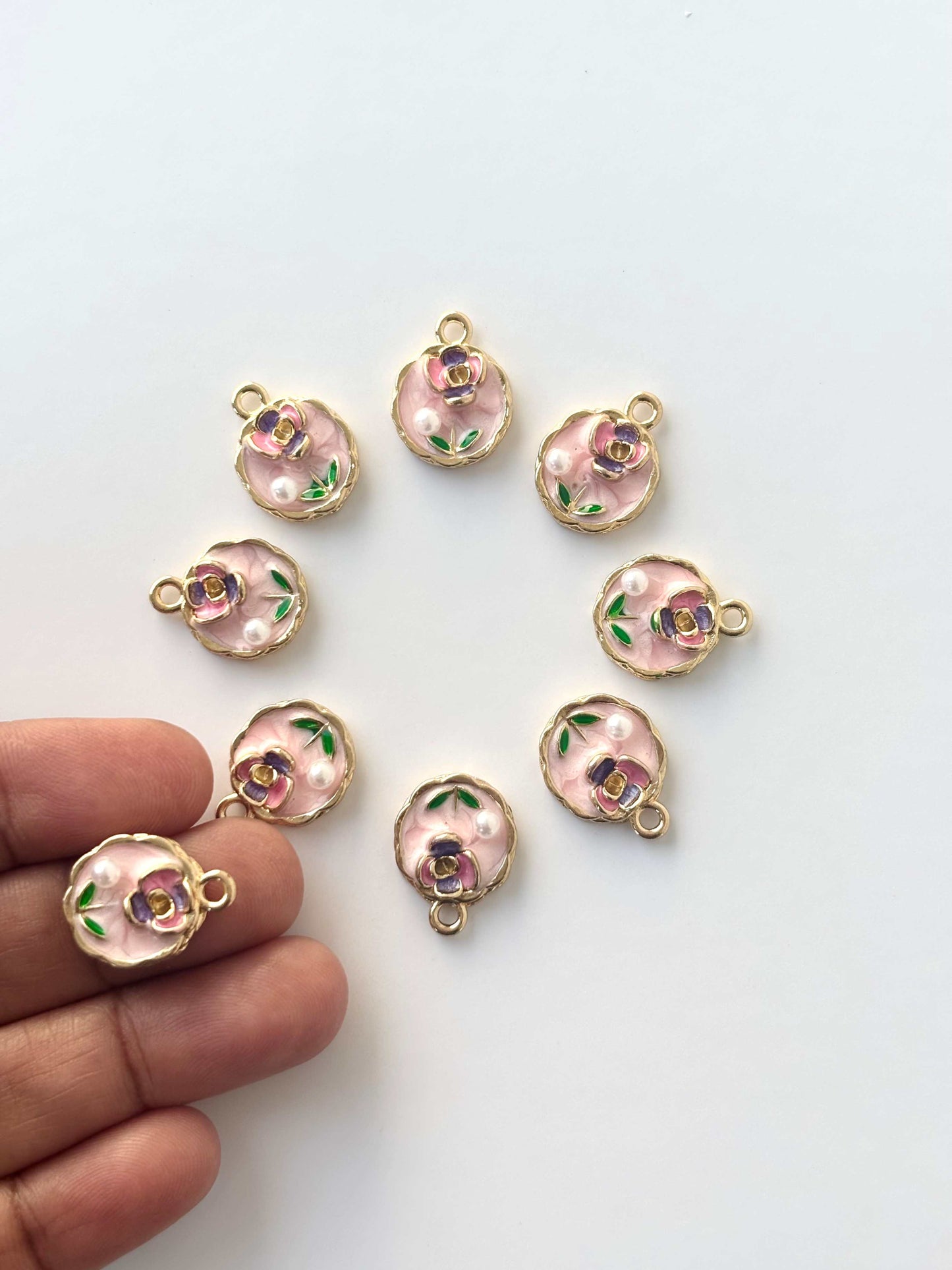 Pink Rose and Pearl Enamel Charms