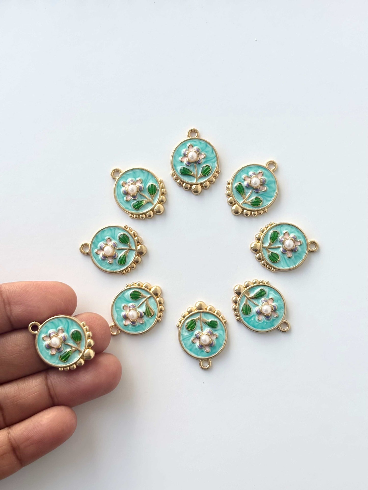 Aqua Enamel Floral Pearl Charms