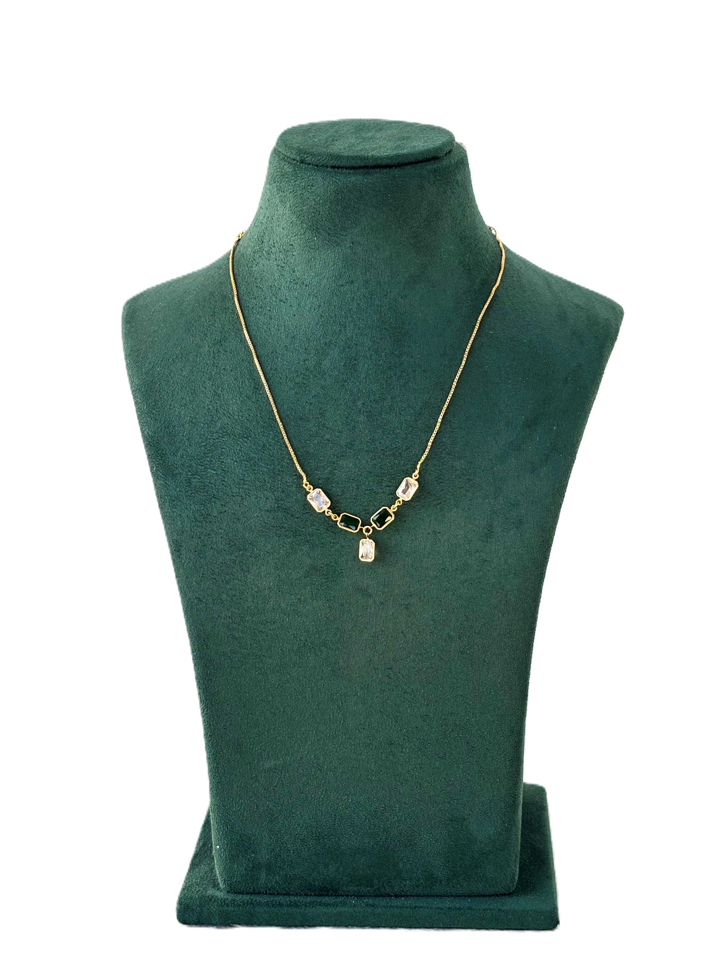 Gold Necklace with Green and Clear Crystal Stones