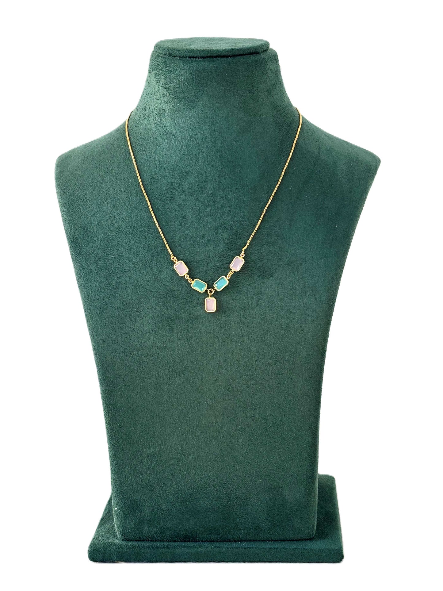 Gold Necklace with Pastel Green and Pink Gemstones