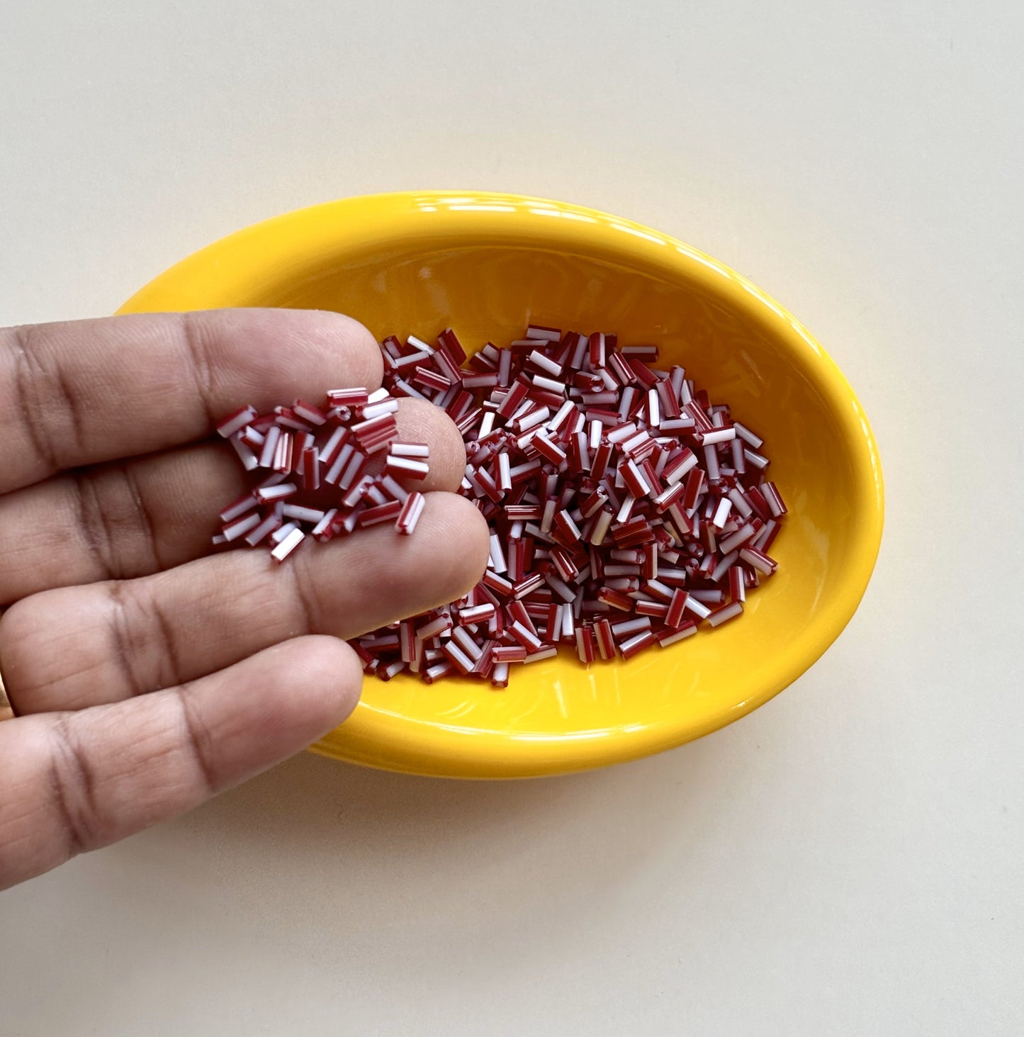 Burgundy Red and White Tubular Beads