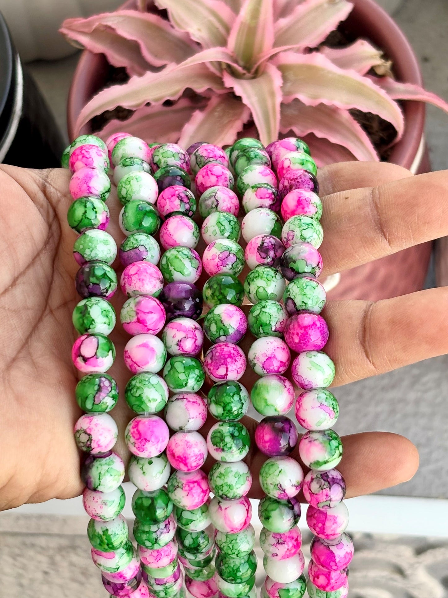 Pink and Green Marbled Beads for Jewelry Making