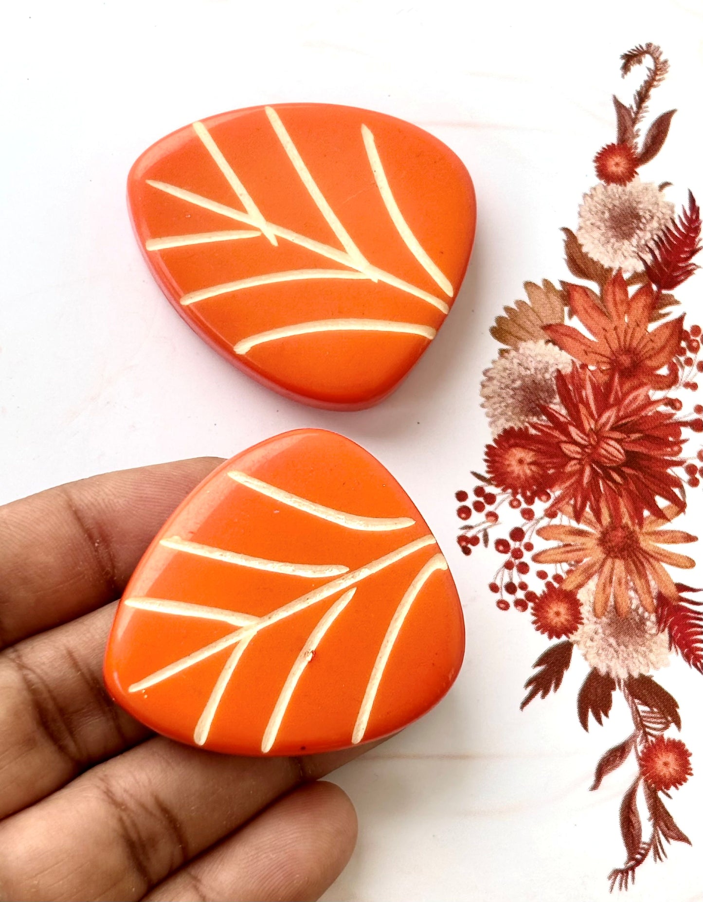 Orange Leaf Beads with Hand Carved White Veins for Jewelry Making