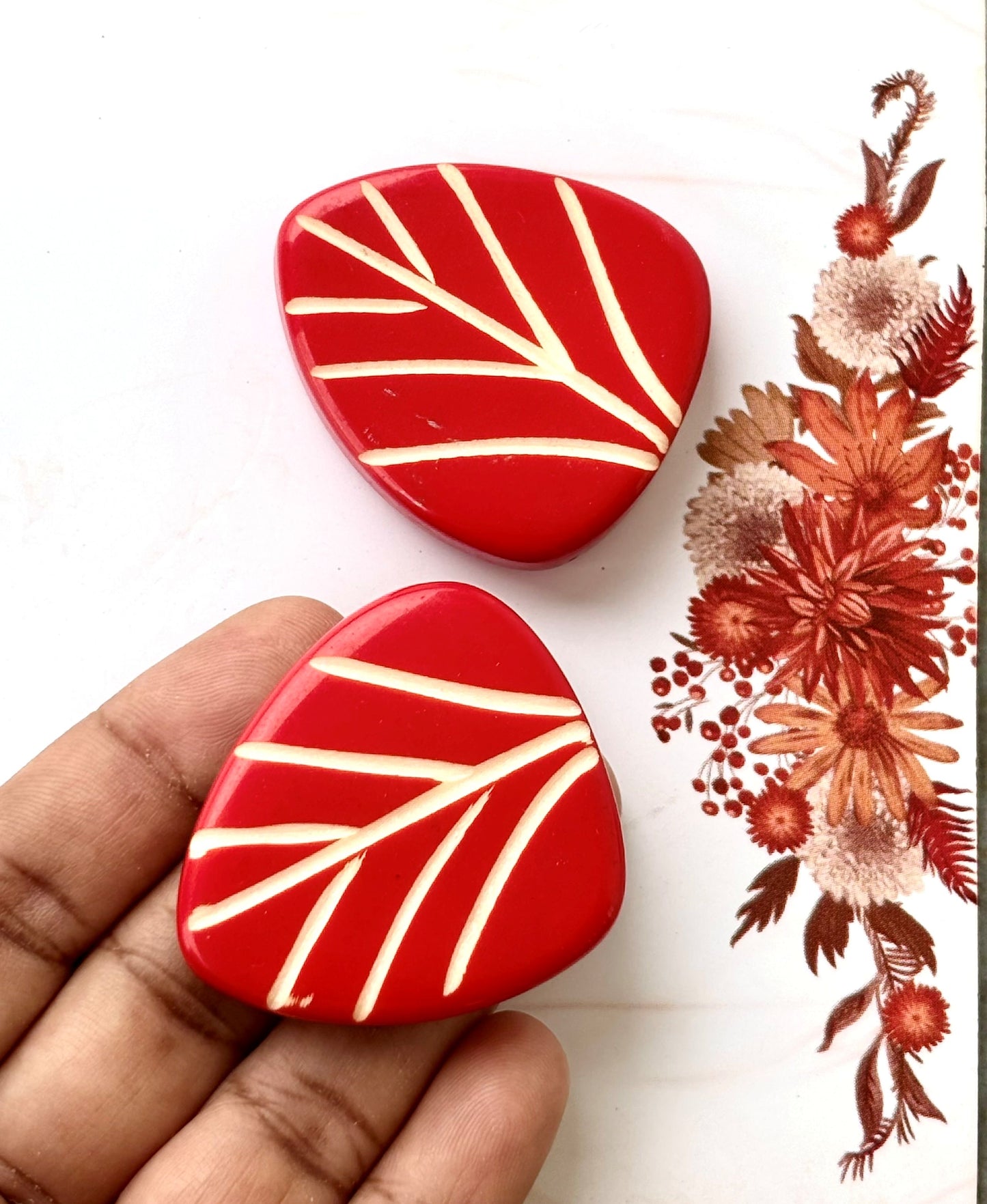 Red Leaf Beads with Hand Carved White Veins for Jewelry Making