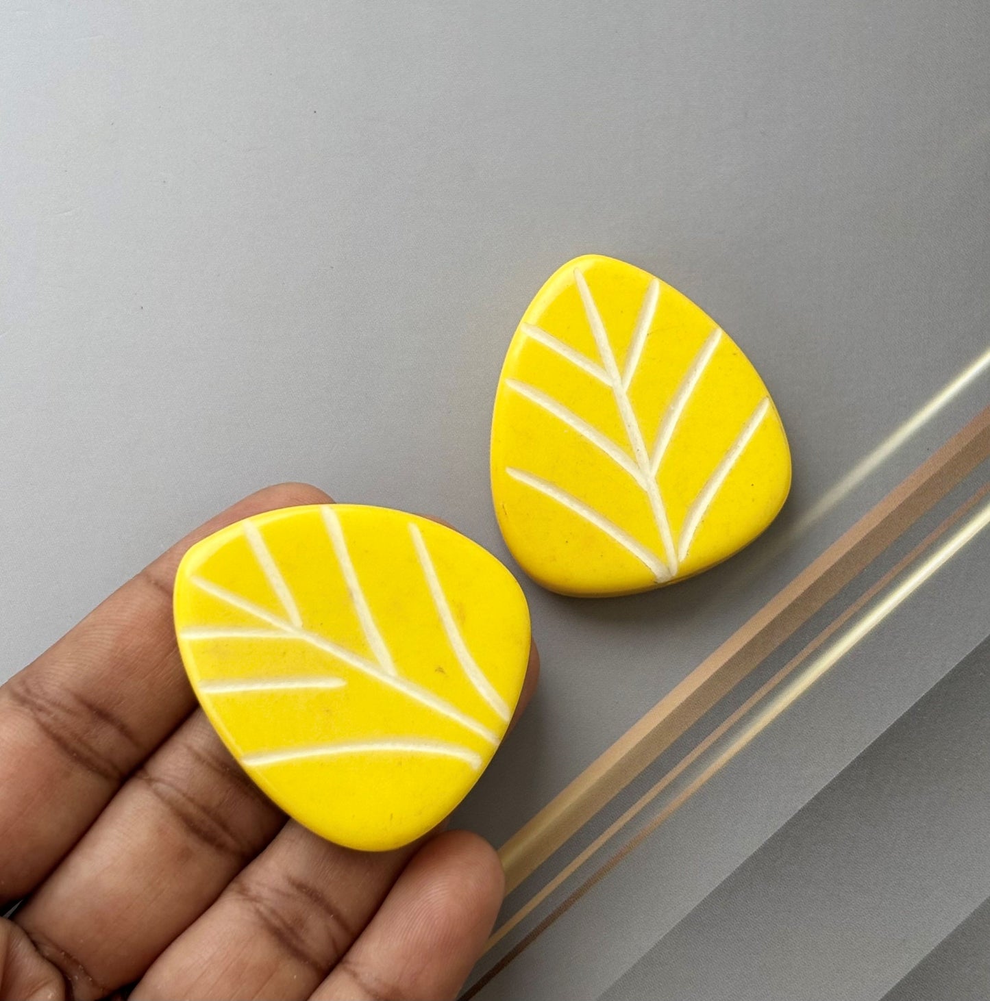Yellow Leaf Beads with Hand Carved White Veins for Jewelry Making