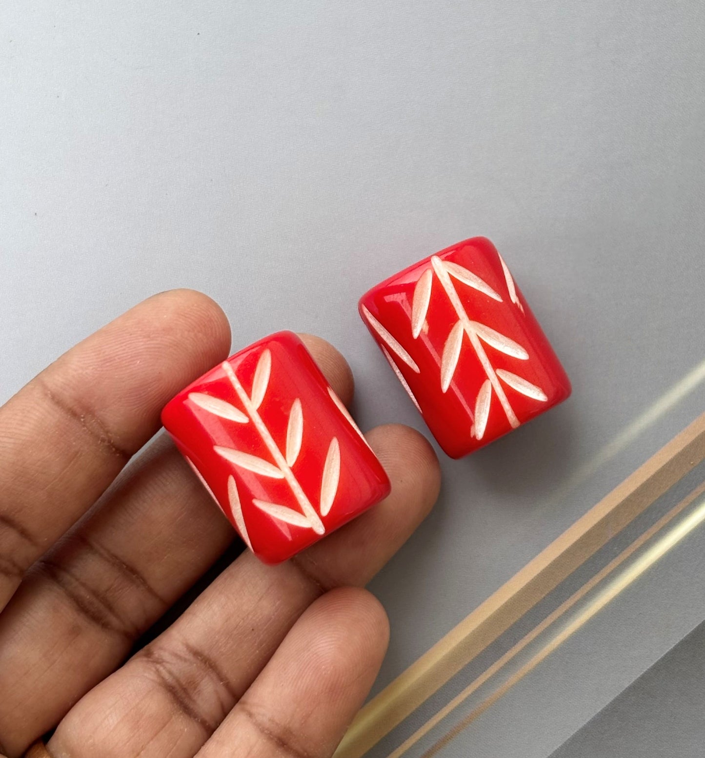 Red Cylindrical Beads with Hand Carved Leaf Pattern for Jewelry Making