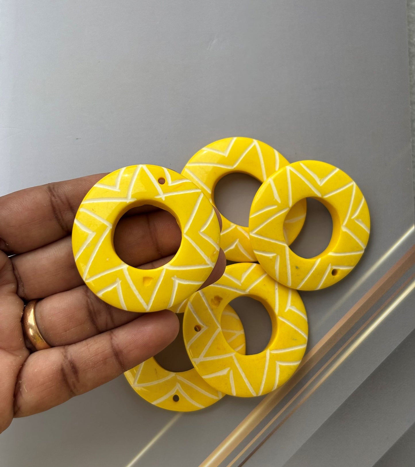 Sale - Yellow Round Beads with Hand Carved Pattern for Jewelry Making