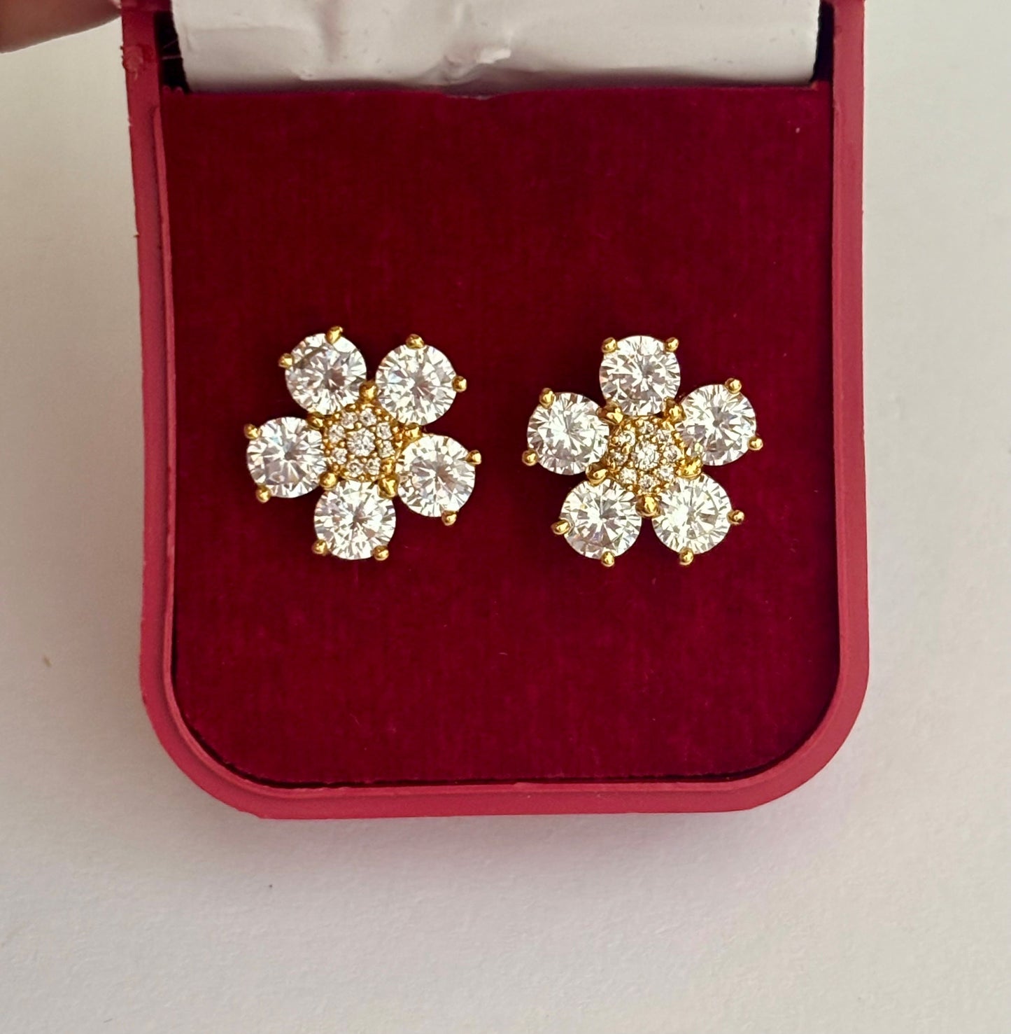 Gold-Plated American Diamond Flower Stud Earrings