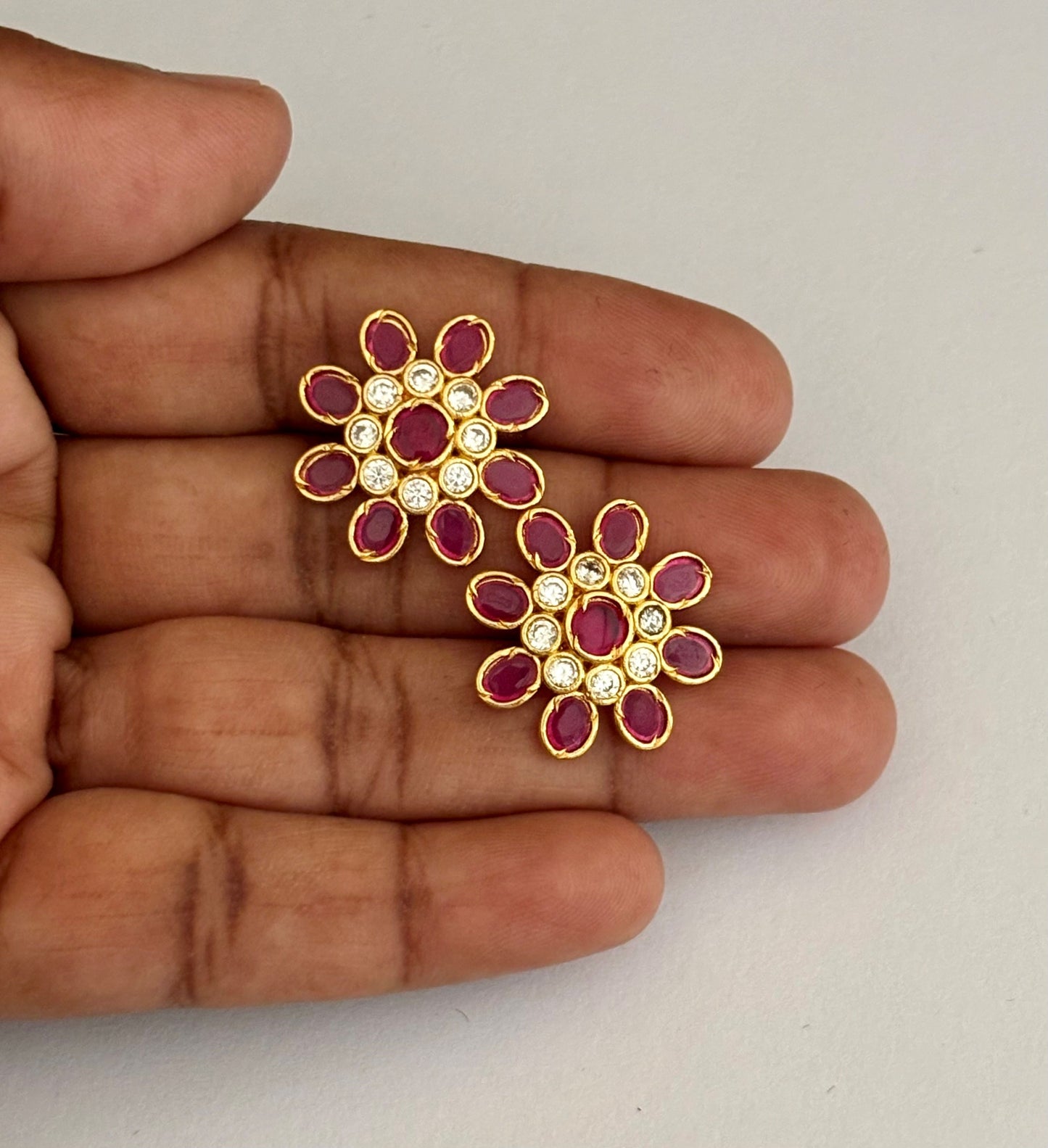 Gold-Plated Floral Stud Earrings with Ruby and AD Stones