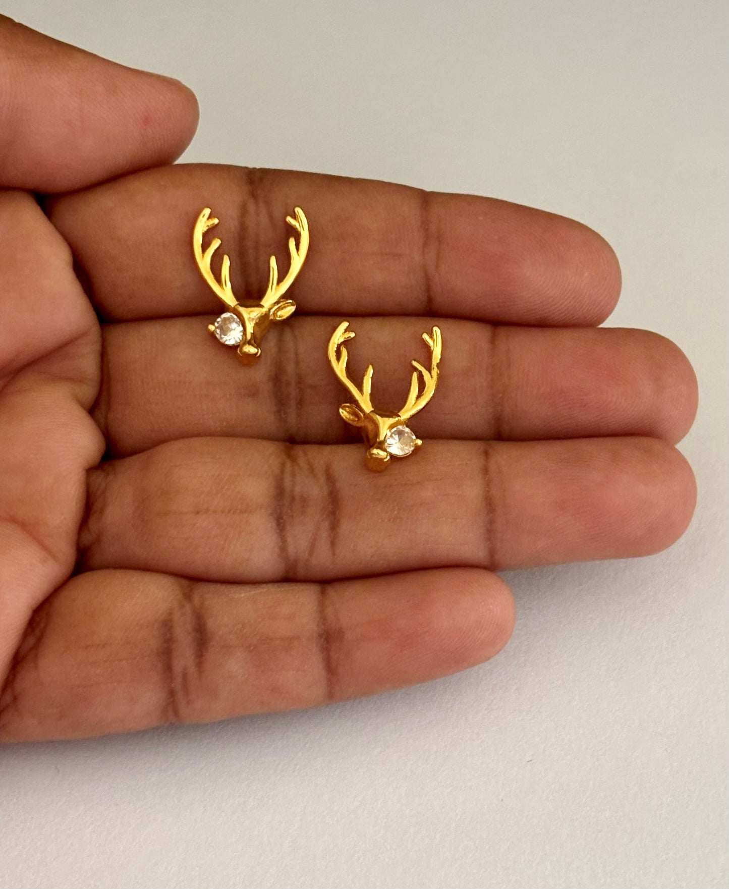 Gold-Plated Reindeer Deer Head Stud Earrings with AD Stone