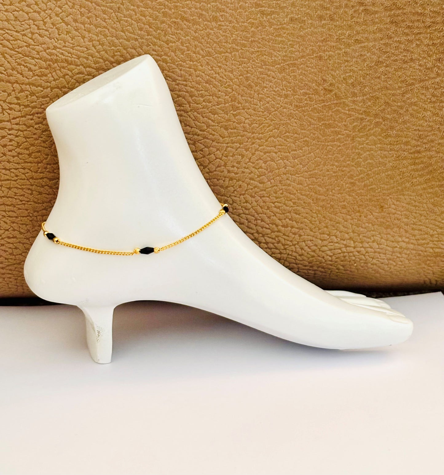 Gold-Plated Black Beaded Nazariya Anklets