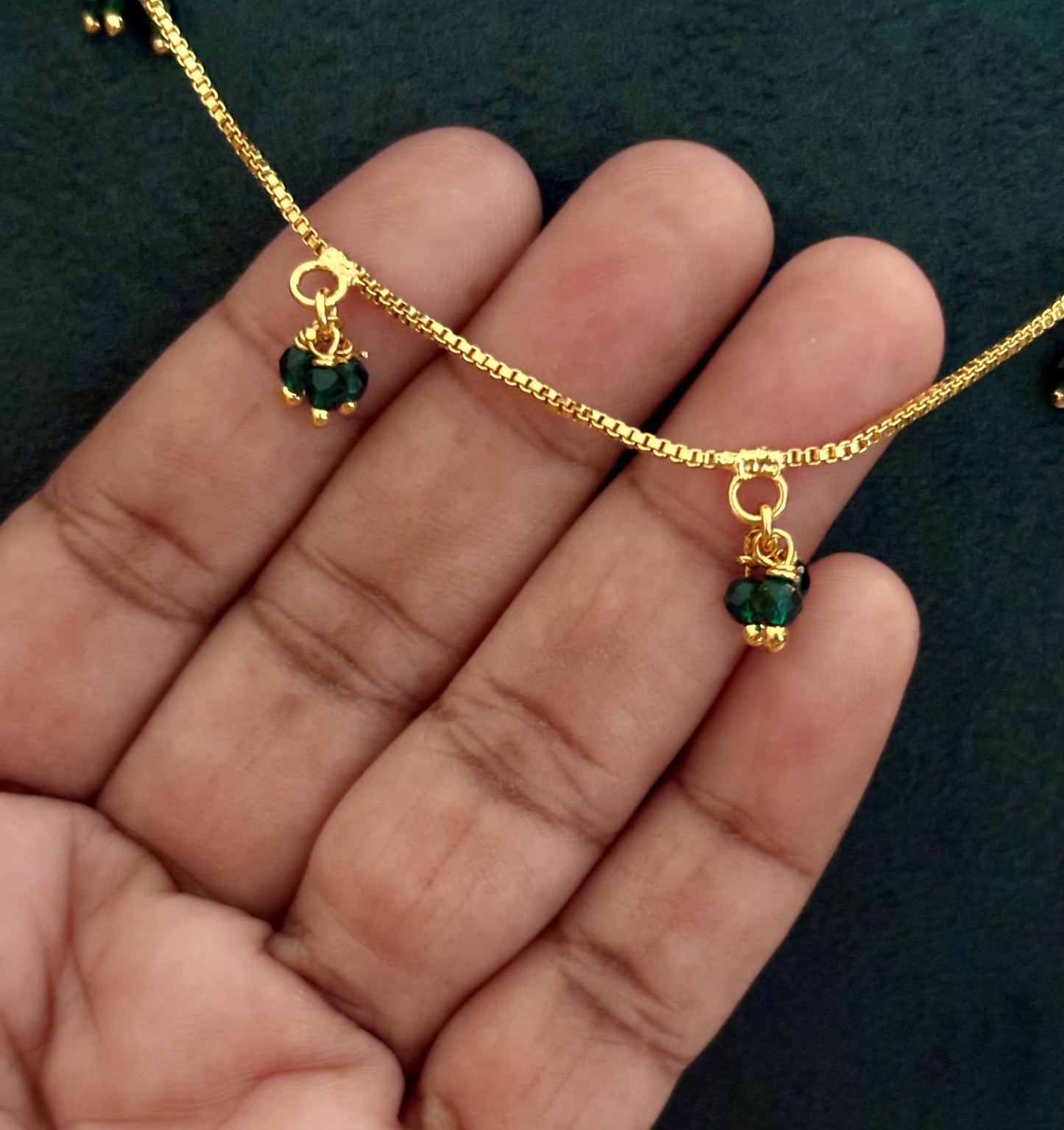 Gold-Plated Necklace with Dangling Green Emerald Beads
