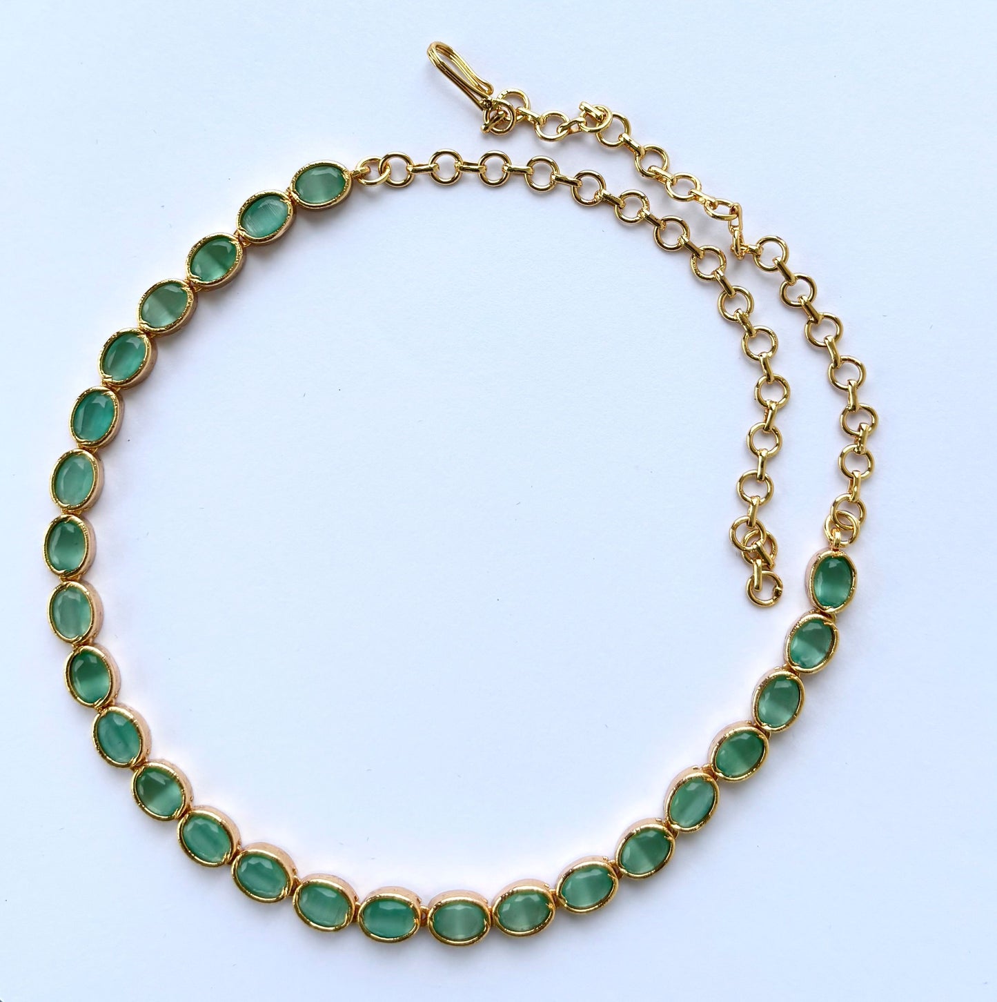Gold Plated Mint Green Oval Stone Necklace Set with Earrings