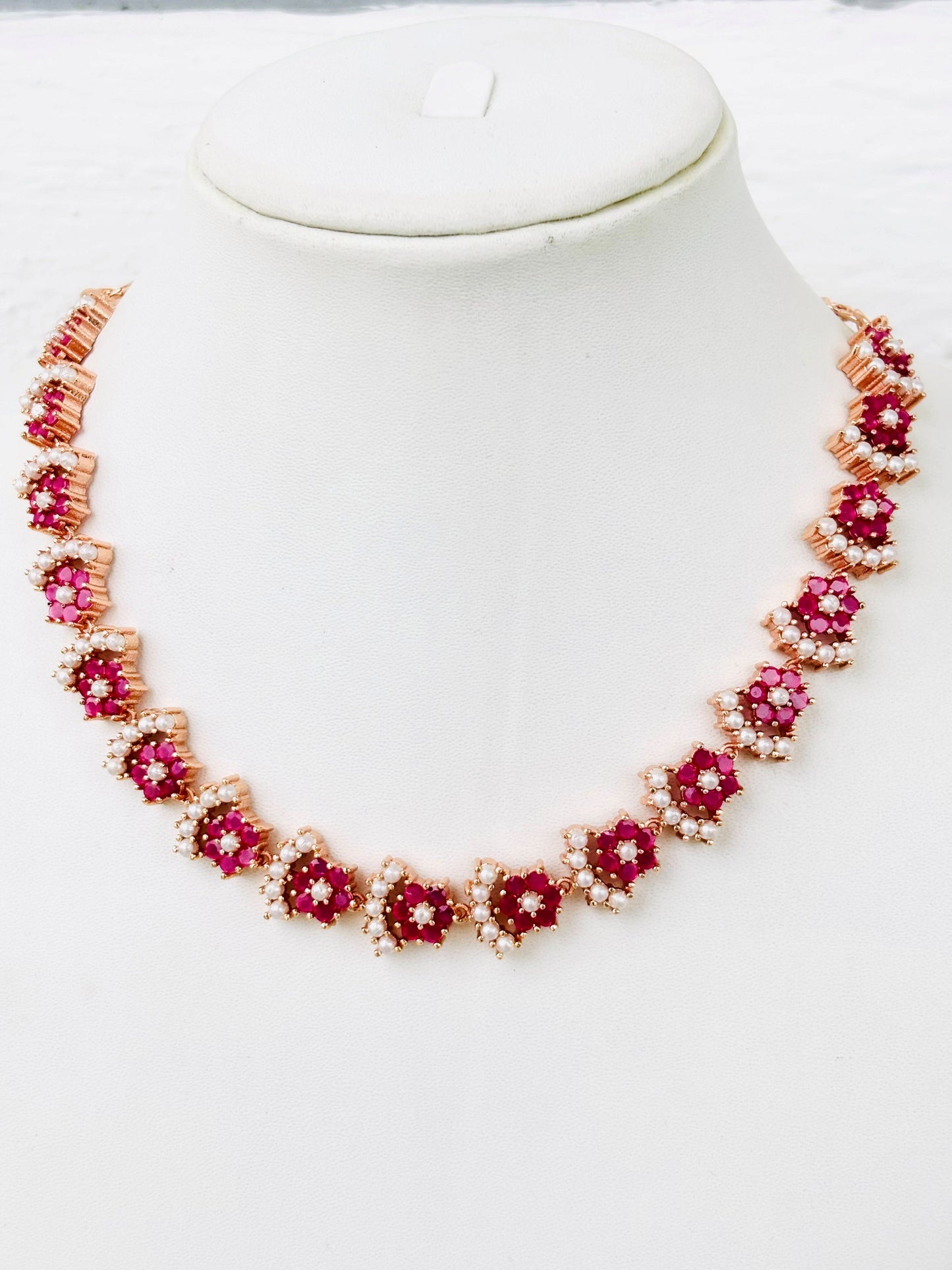 Rose Gold Plated Ruby and Pearl Floral Necklace Set